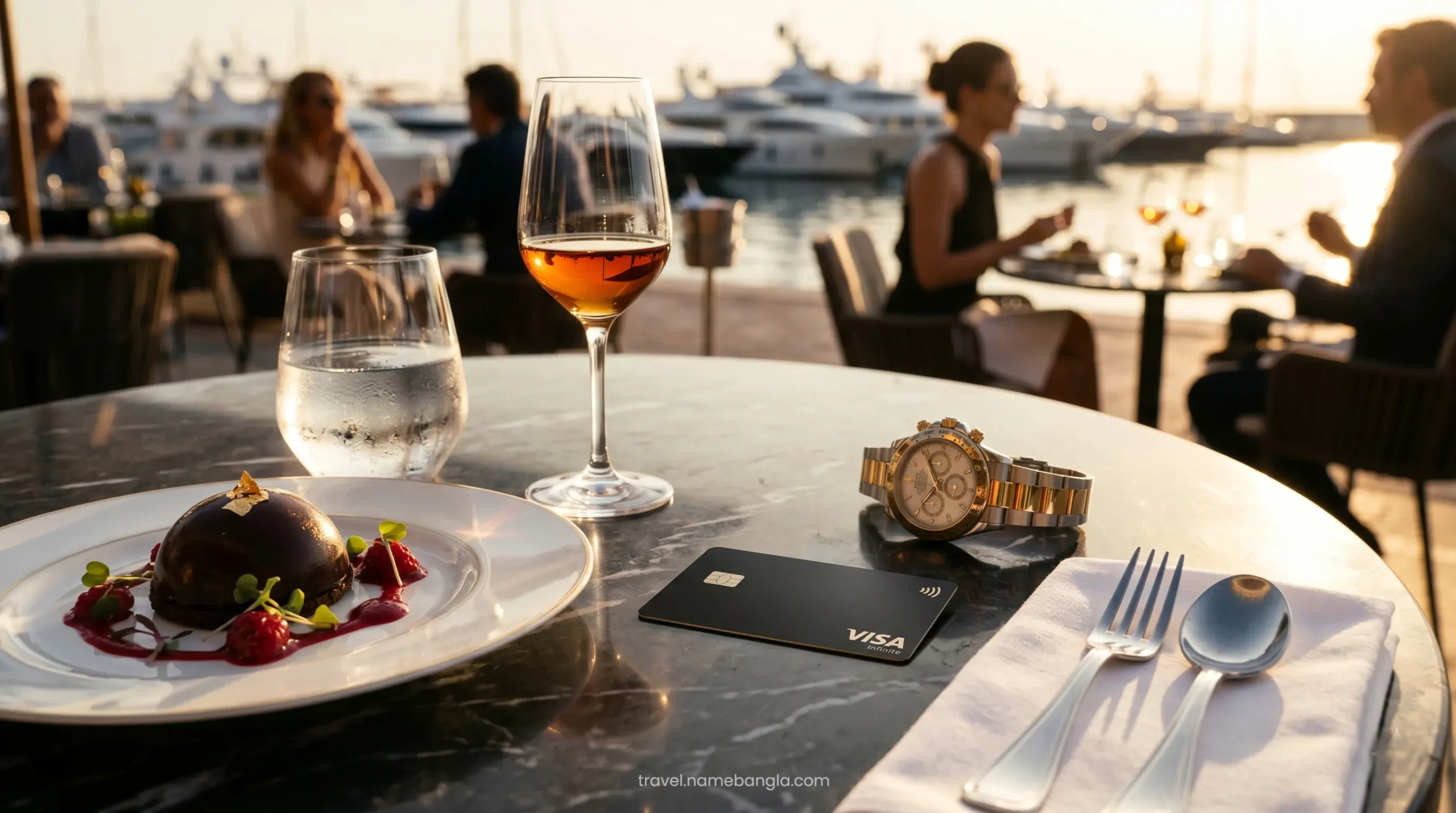 A sleek Visa Infinite card resting on a silver presentation tray next to a Michelin-starred dessert, representing elite offshore banking travel perks.