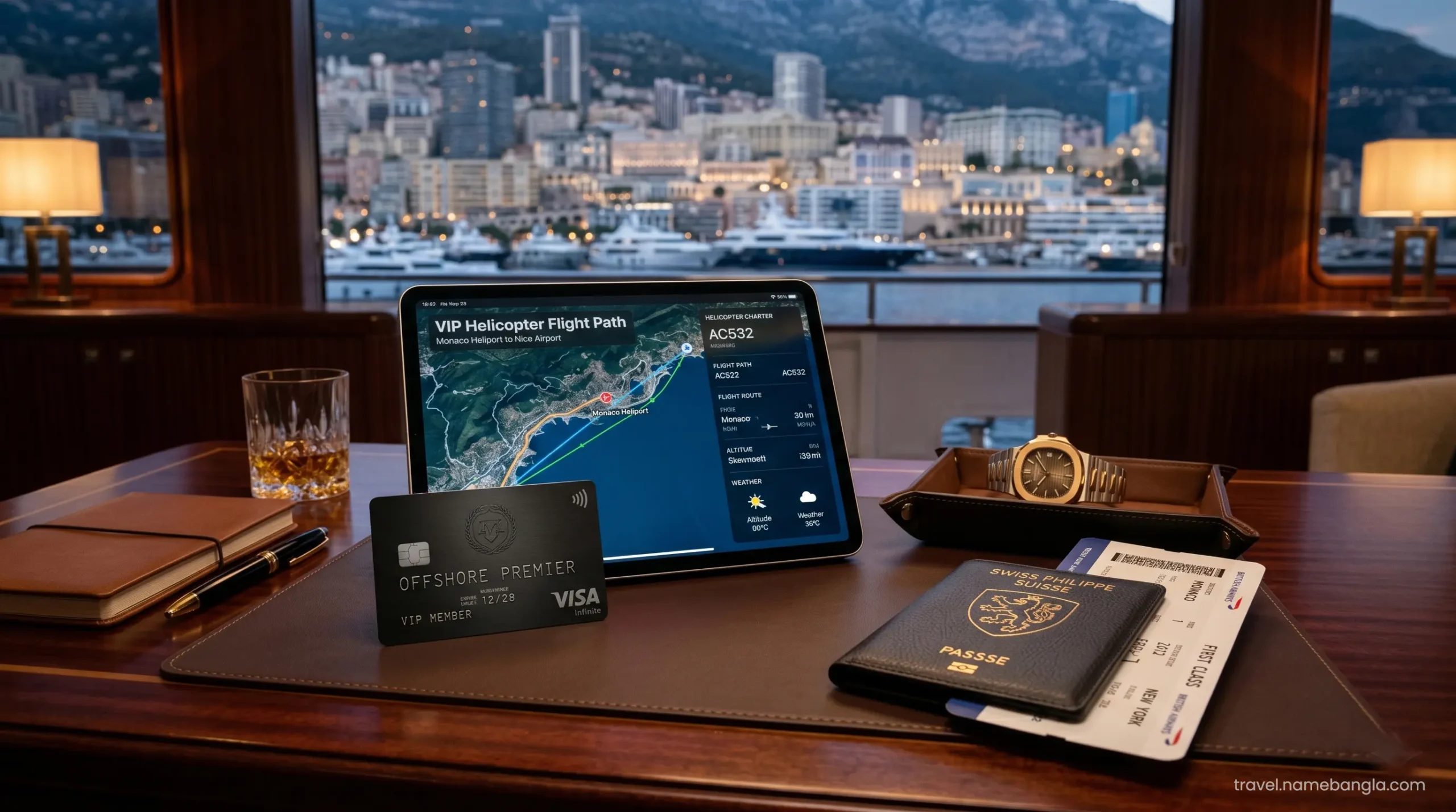 A premium Visa Infinite card resting on a digital tablet displaying luxury helicopter charter routes, representing elite offshore banking travel perks.
