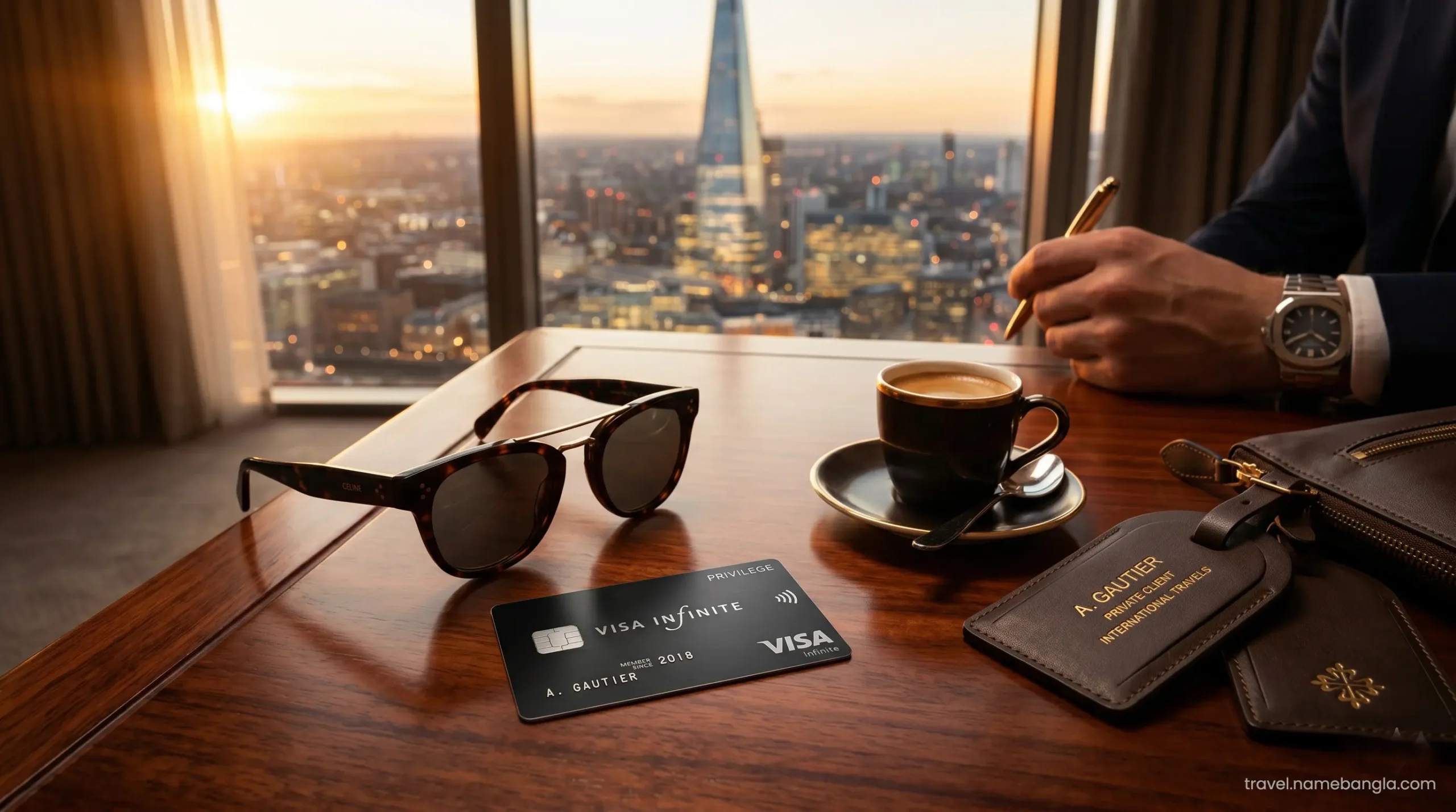 A sleek Visa Infinite card resting on a premium travel itinerary next to luxury sunglasses, representing elite offshore banking travel perks.