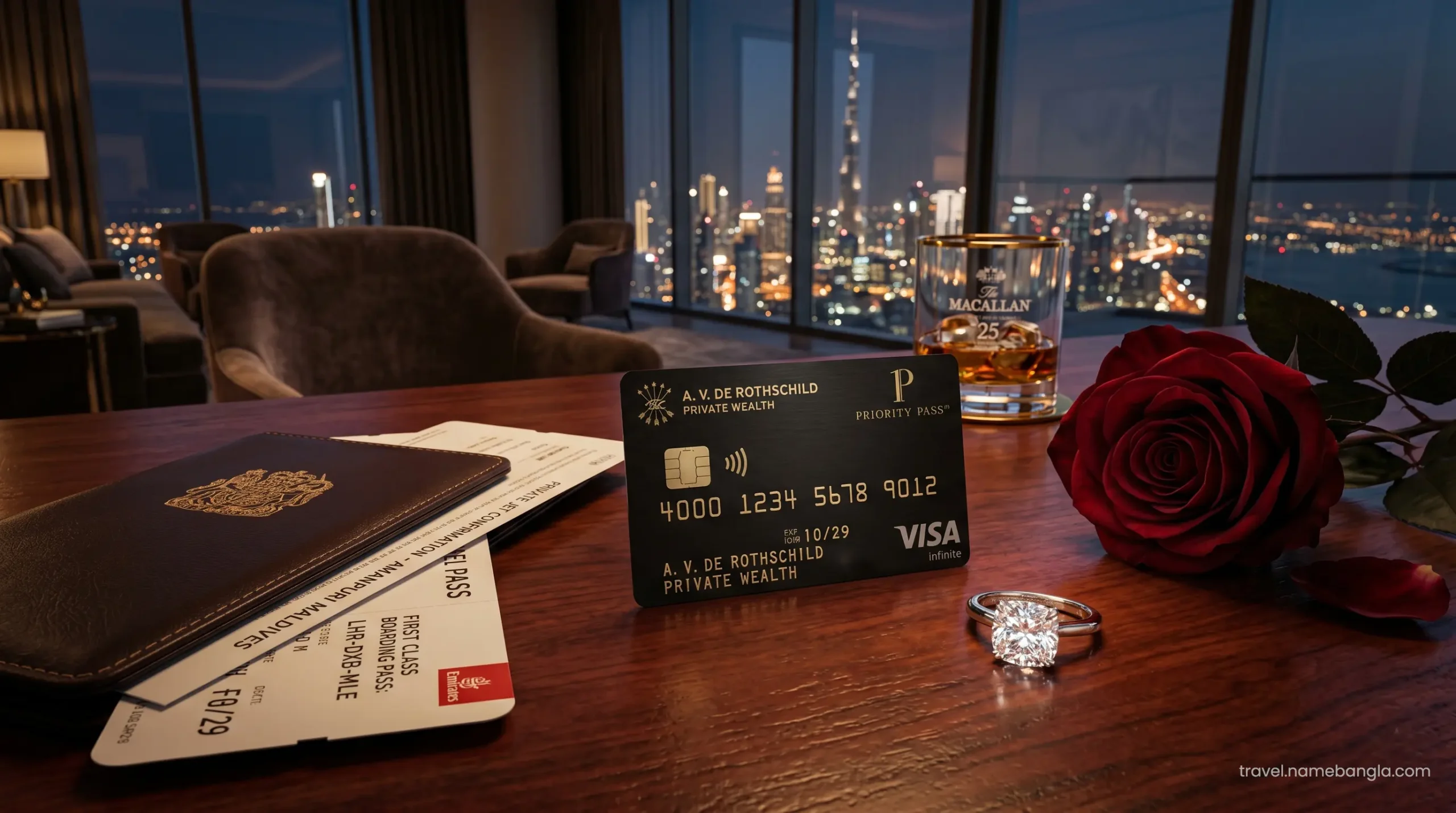 A sleek Visa Infinite card resting on a silver tray next to a luxury honeymoon itinerary and a premium diamond ring.