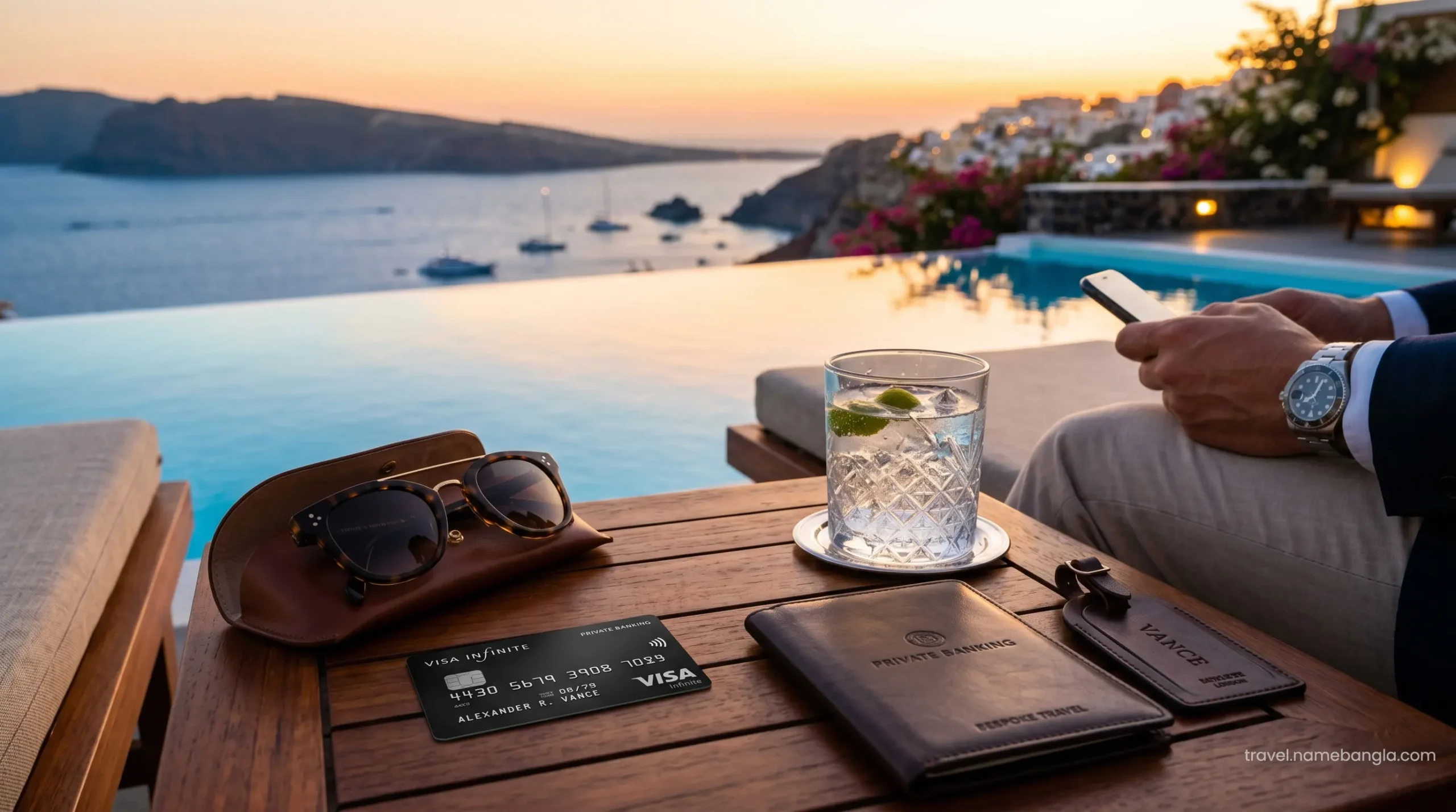 A sleek Visa Infinite card resting on a premium sun lounger table next to artisan cocktails, representing elite offshore banking travel perks.