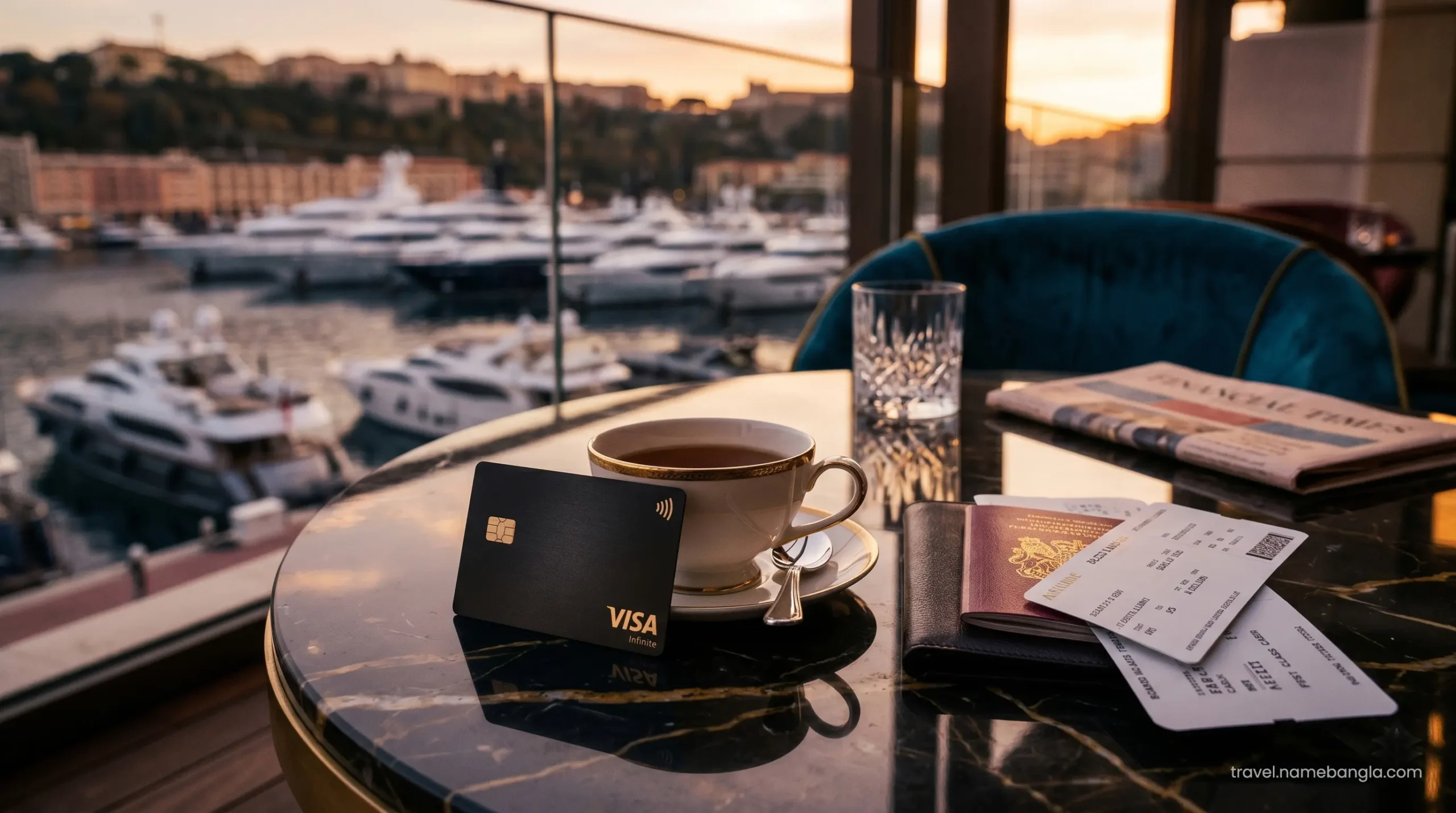 A sleek Visa Infinite card resting on a marble table next to a premium teacup, representing elite offshore banking travel perks.