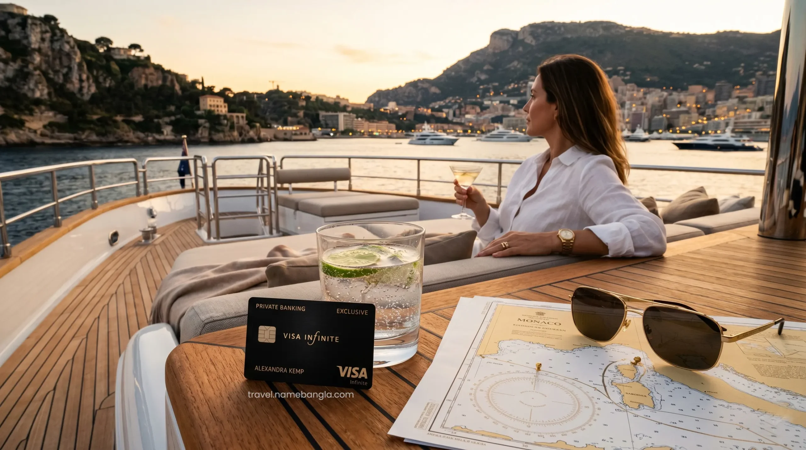A sleek Visa Infinite card resting on a teakwood yacht deck next to a crystal glass, representing elite offshore banking travel perks.