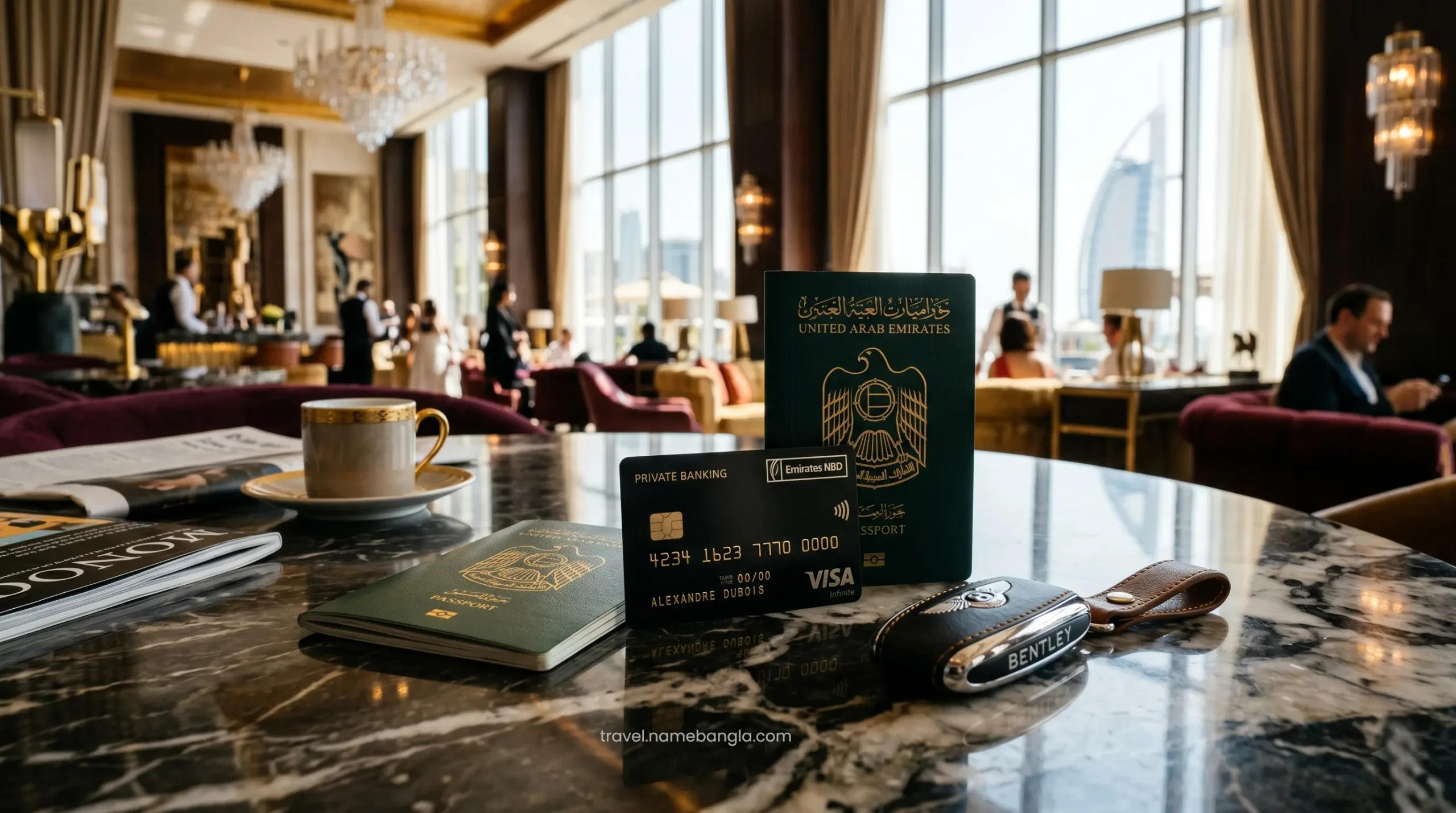 A sleek Visa Infinite card resting next to a premium GCC passport, representing elite offshore banking travel perks in Dubai.