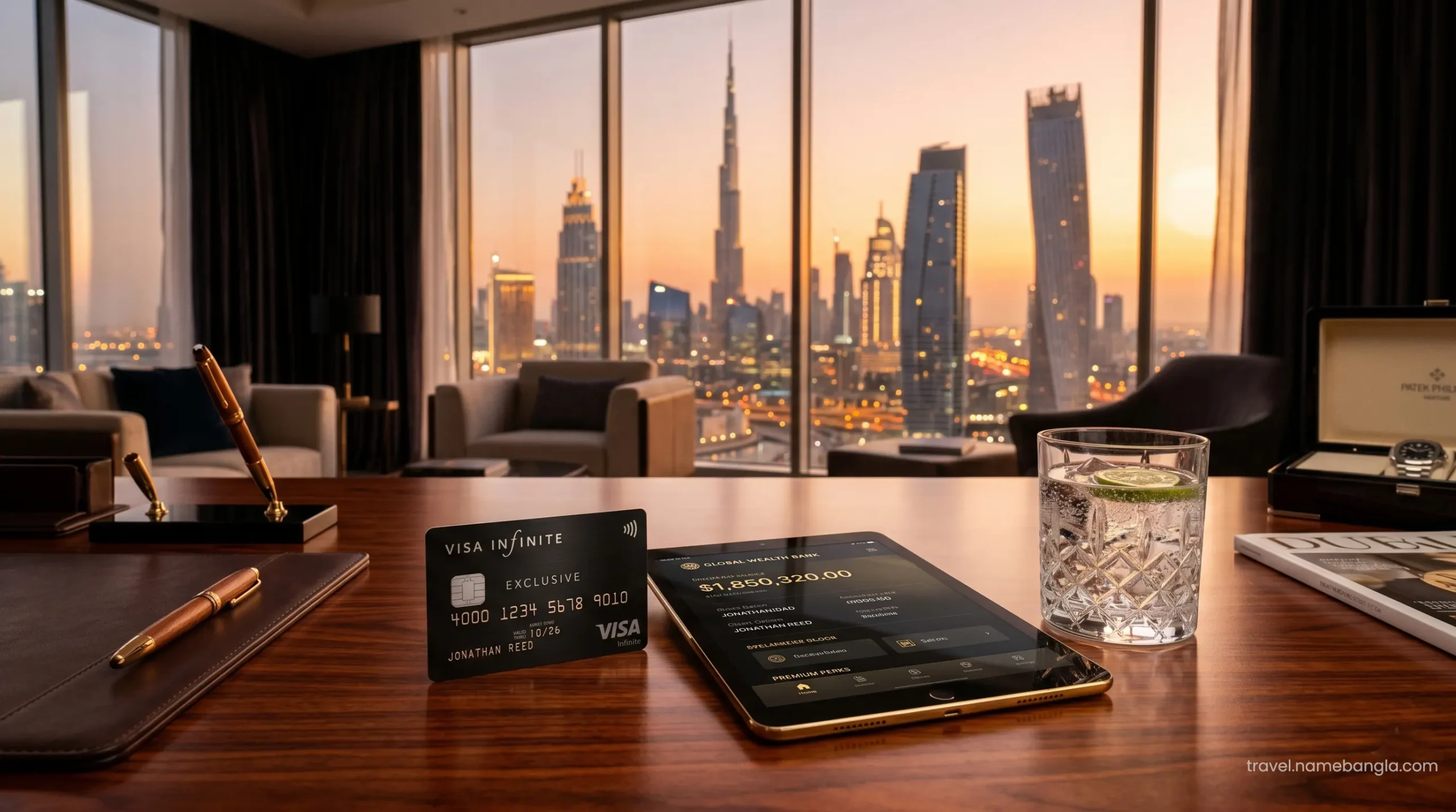 A sleek Visa Infinite card resting on a gold tray inside a luxury Dubai hotel suite, representing elite offshore banking travel perks.