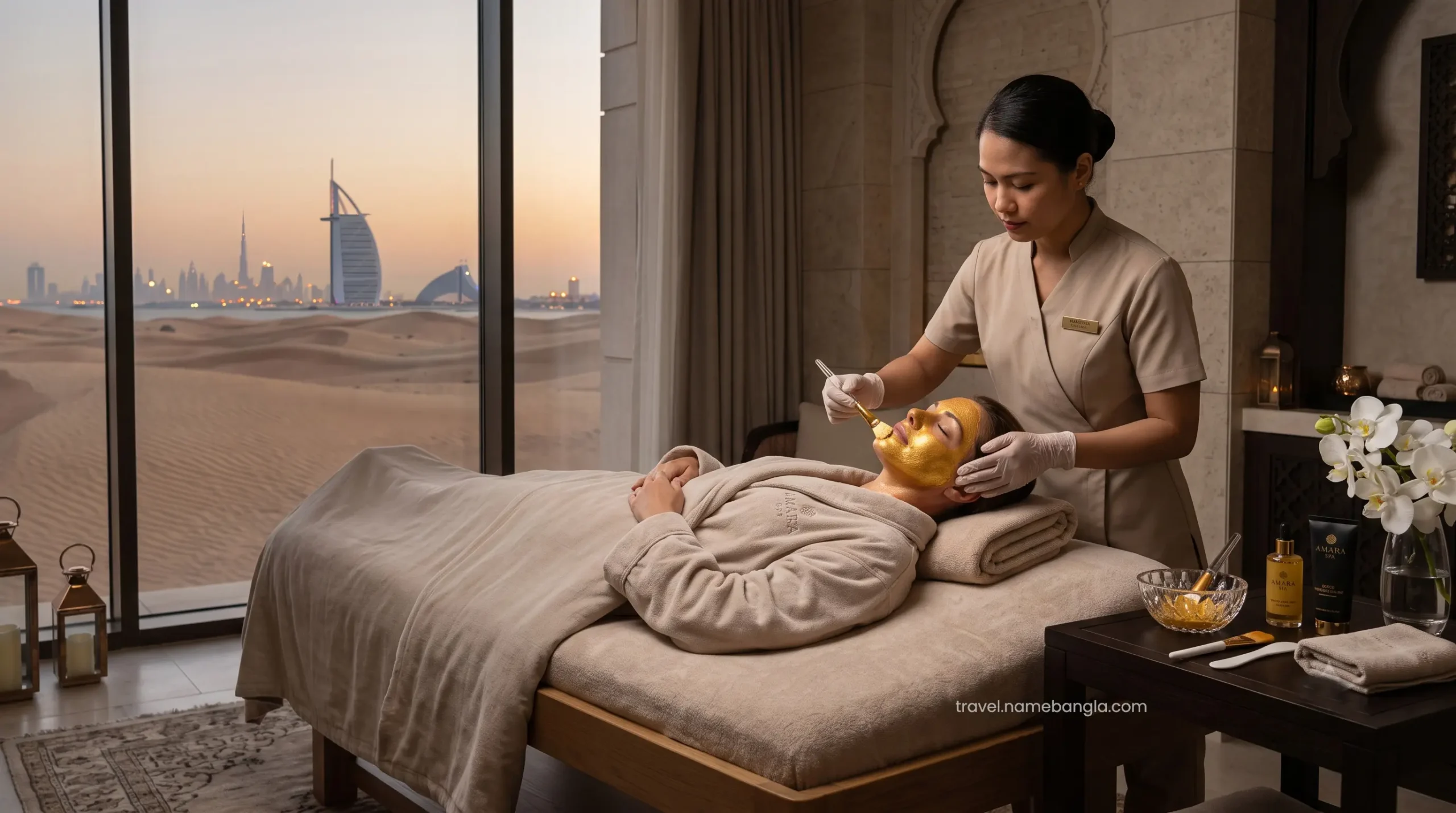 An elite guest receiving a luxurious gold-infused facial treatment inside a private suite at the AWAKEN Wellness Spa.