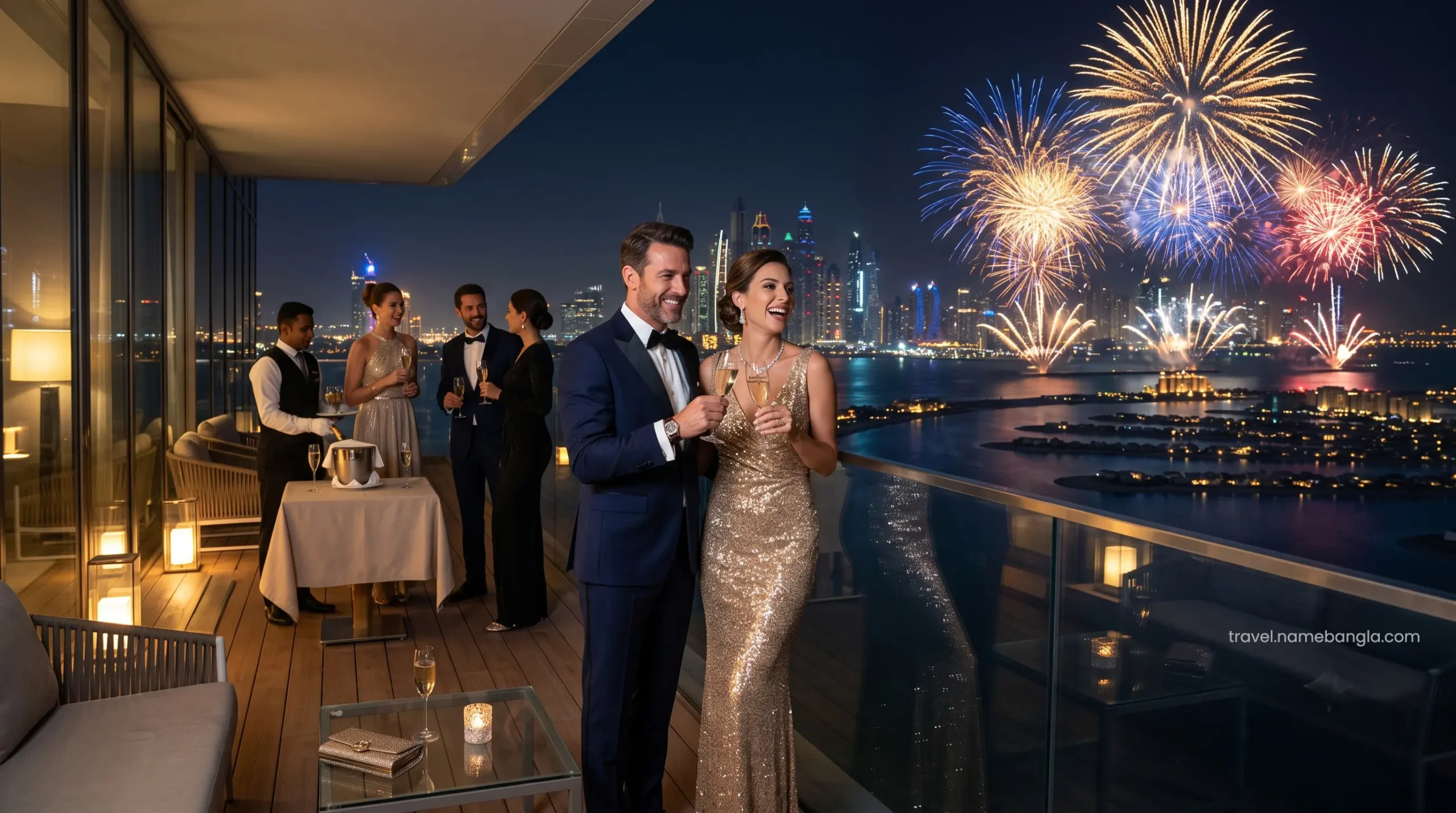 Affluent guests enjoying a private viewing of the Dubai New Year's Eve fireworks from the balcony of their luxury suite.