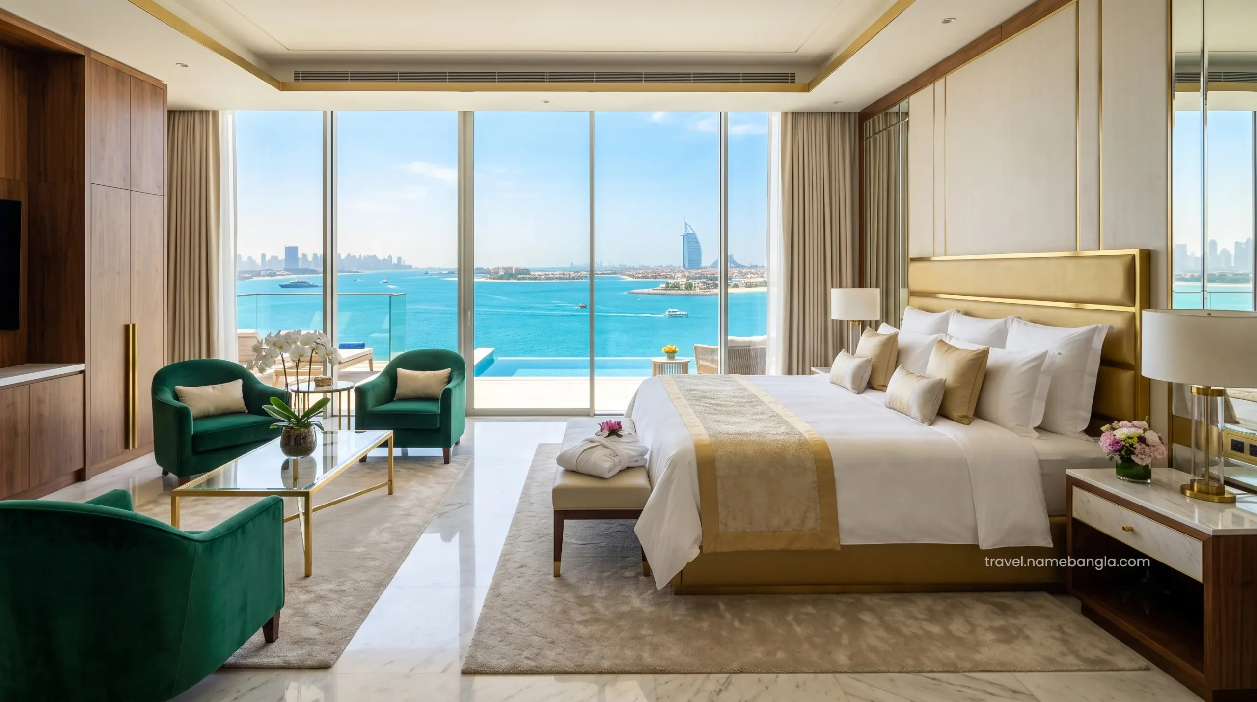 The opulent bedroom of a premium suite at Atlantis The Royal, acquired through strategic OTA reward redemptions.