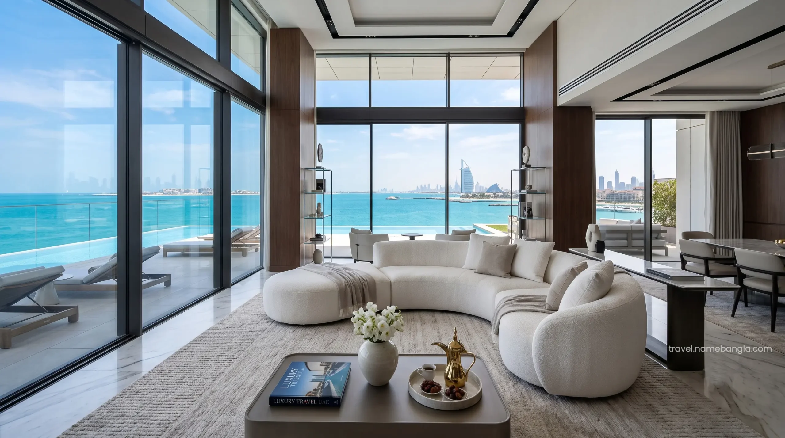 The sleek, hyper-modern, and sophisticated interior of a Palmscape Suite at Atlantis The Royal overlooking the Dubai skyline.