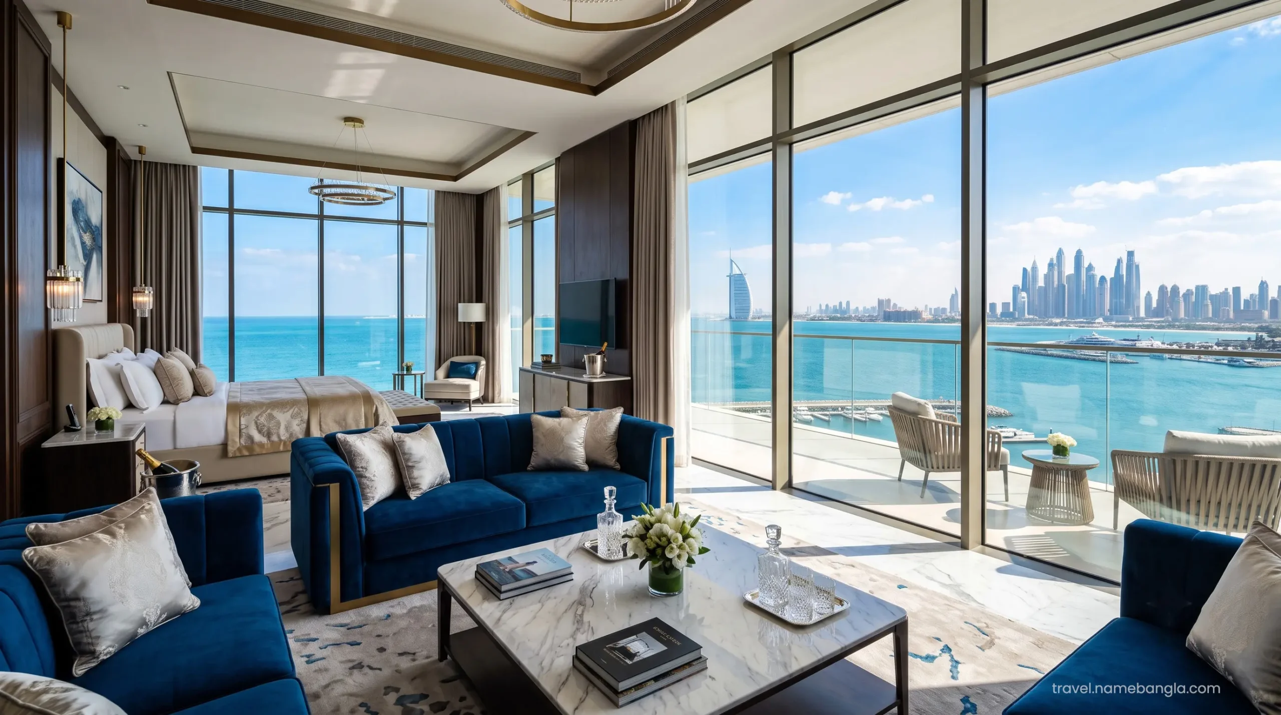 The luxurious interior of a Palmscape Suite at Atlantis The Royal, showcasing sweeping views of the Dubai winter skyline.