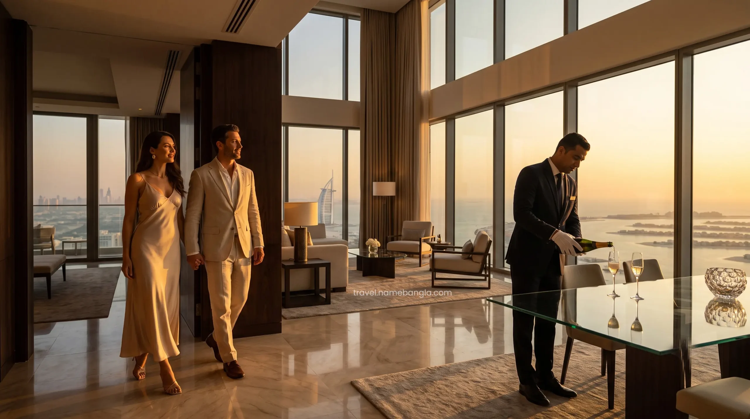 Affluent guests stepping into a magnificent panoramic suite at Atlantis The Royal after arriving via a premium OTA luxury travel package.