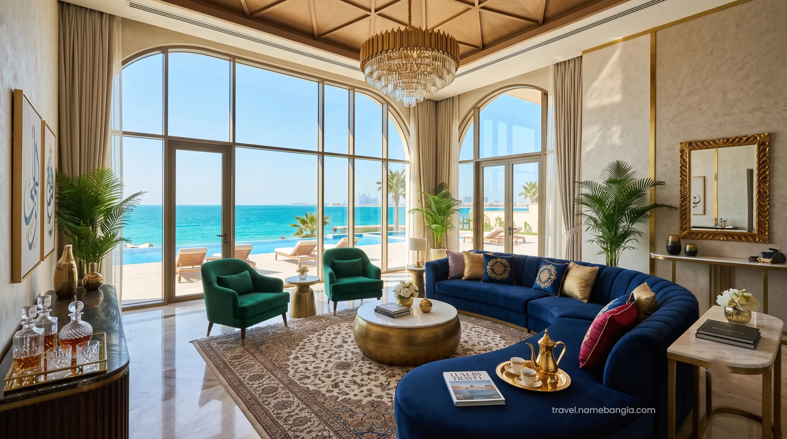 The opulent interior living space of a Sky Pool Villa at Atlantis The Royal, featuring bespoke furniture and panoramic ocean views.