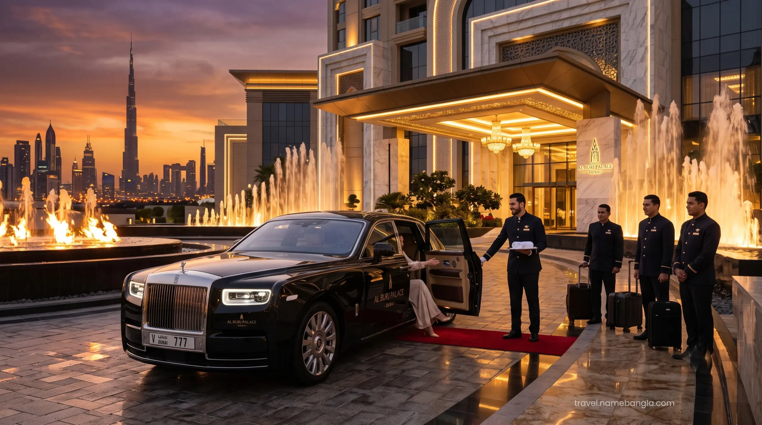 A premium black SUV pulling up to the spectacular, water-lined grand entrance of Atlantis The Royal to drop off elite guests.