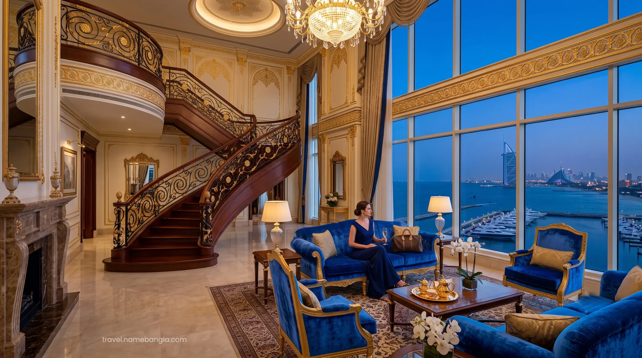 The highly opulent, gold-infused classic luxury interior of a premium suite inside the iconic Burj Al Arab.