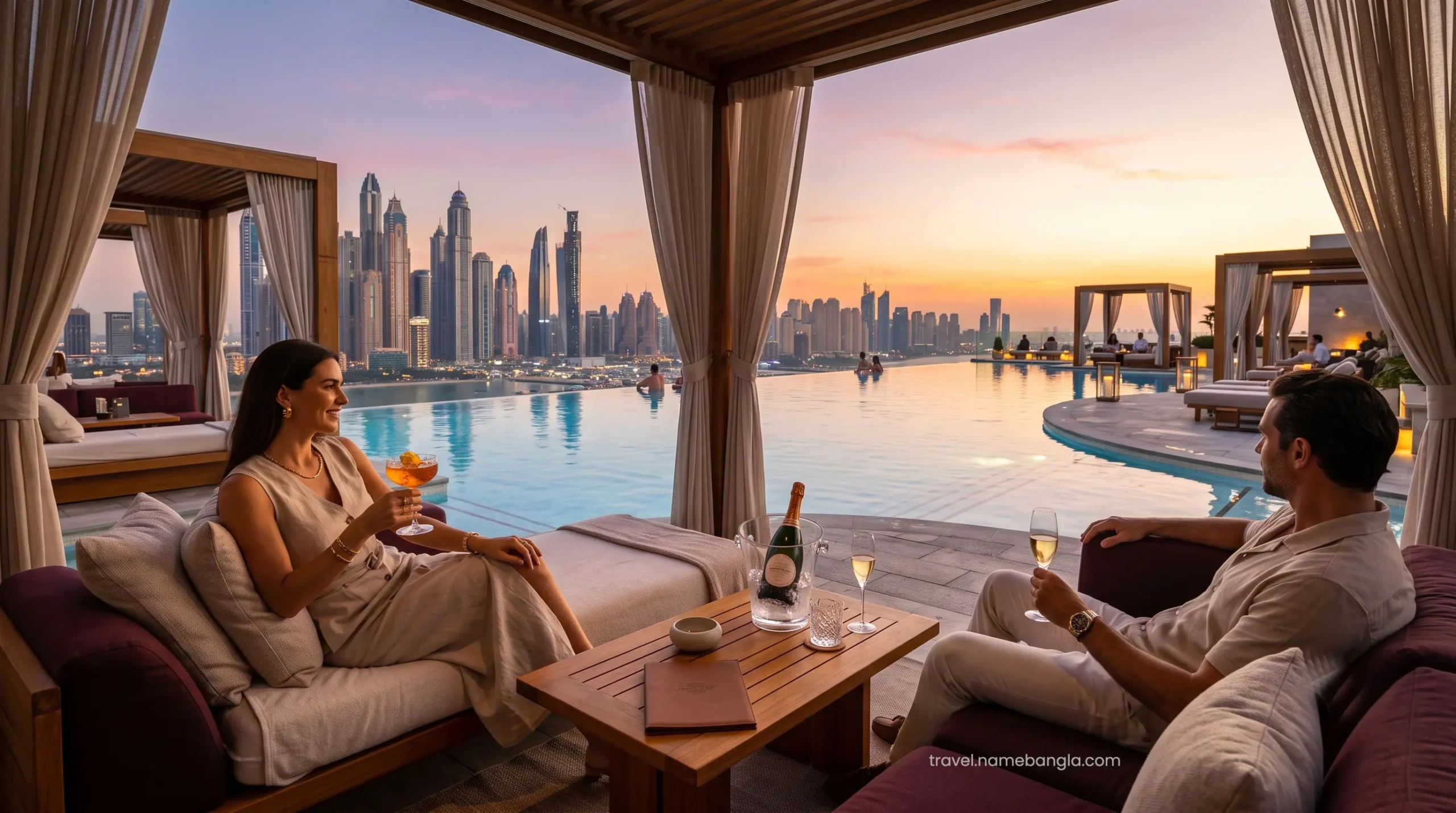 Elite international travelers enjoying the spectacular Cloud 22 infinity pool and private cabanas at Atlantis The Royal.