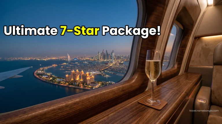 A breathtaking view of Atlantis The Royal seen through the window of a luxurious Emirates First Class airplane cabin.