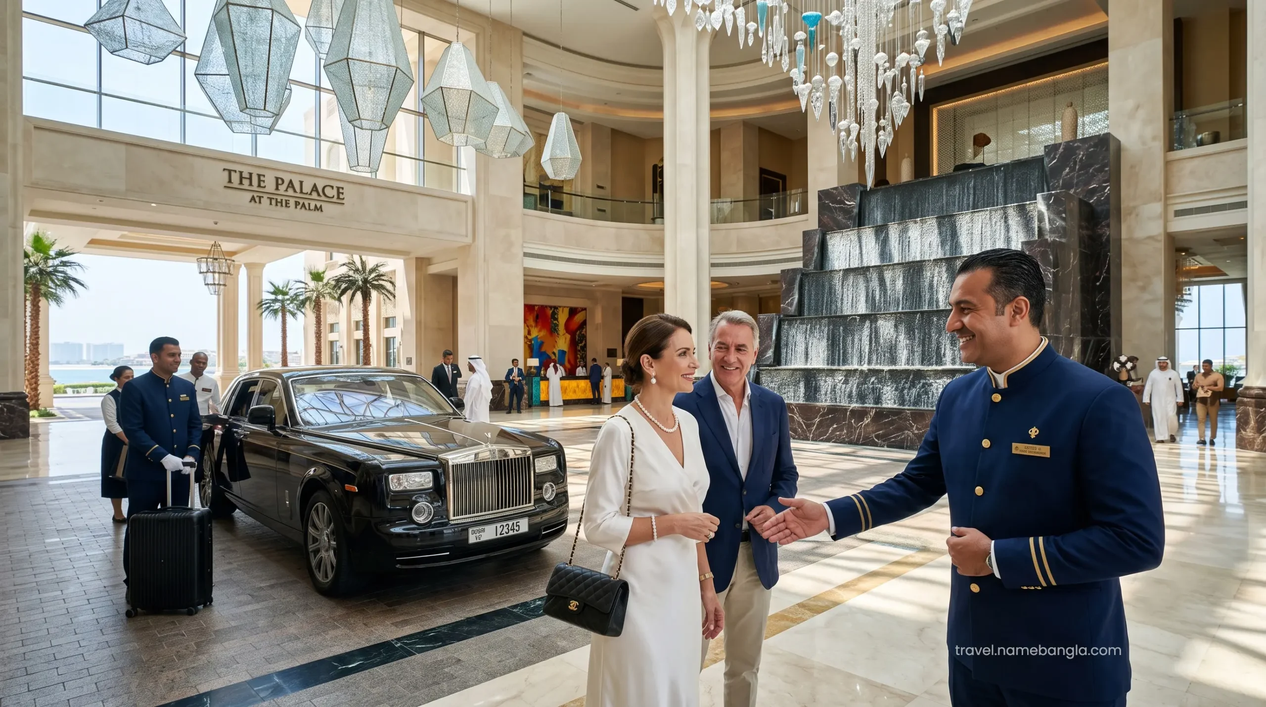 A luxury resort concierge welcoming VIP guests who booked their staycation through a premium digital travel platform.