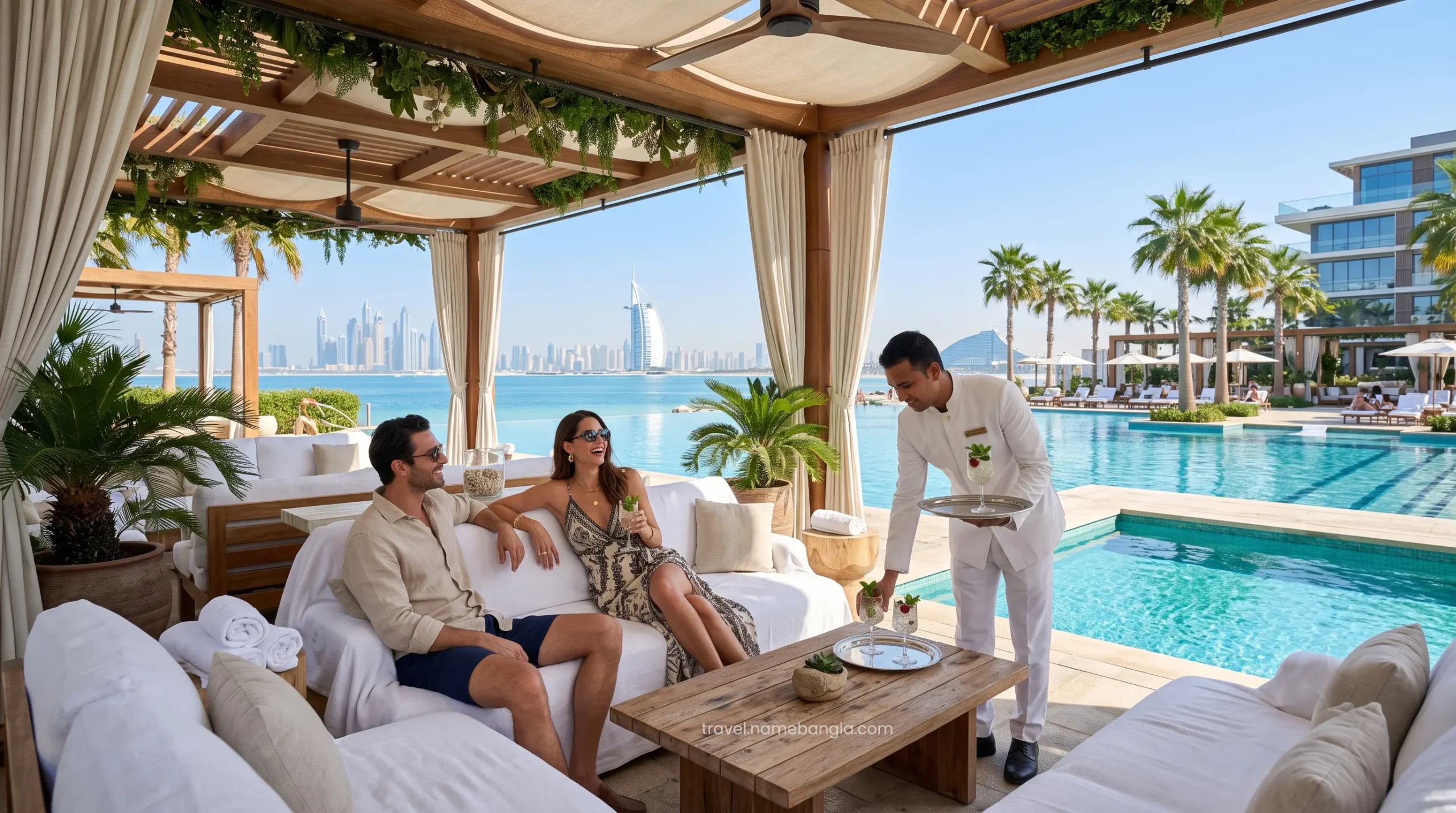 Elite international travelers enjoying the perfect balmy weather in a private luxury cabana during a Dubai winter staycation.