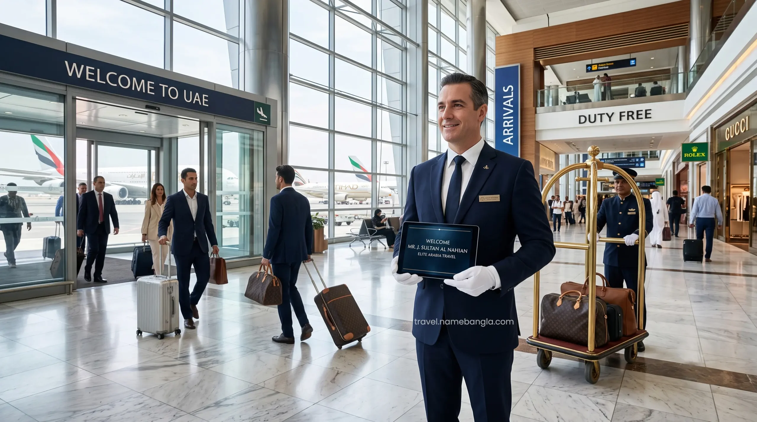 A dedicated luxury chauffeur providing a personalized meet-and-greet service for VIP guests inside the arrivals hall at Dubai International Airport.