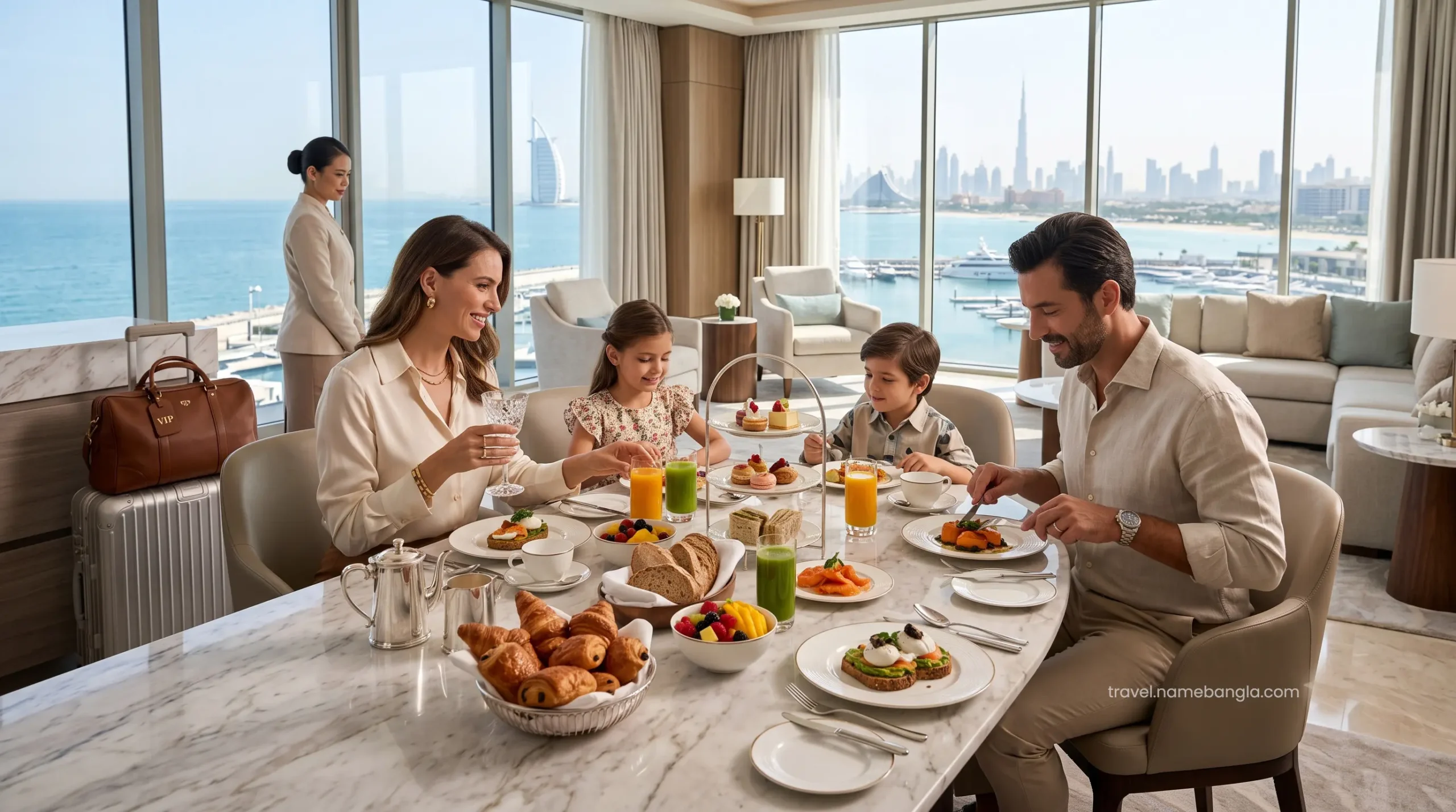 An affluent family enjoying a premium complimentary breakfast inside the exclusive Royal Club Lounge at Atlantis The Royal.