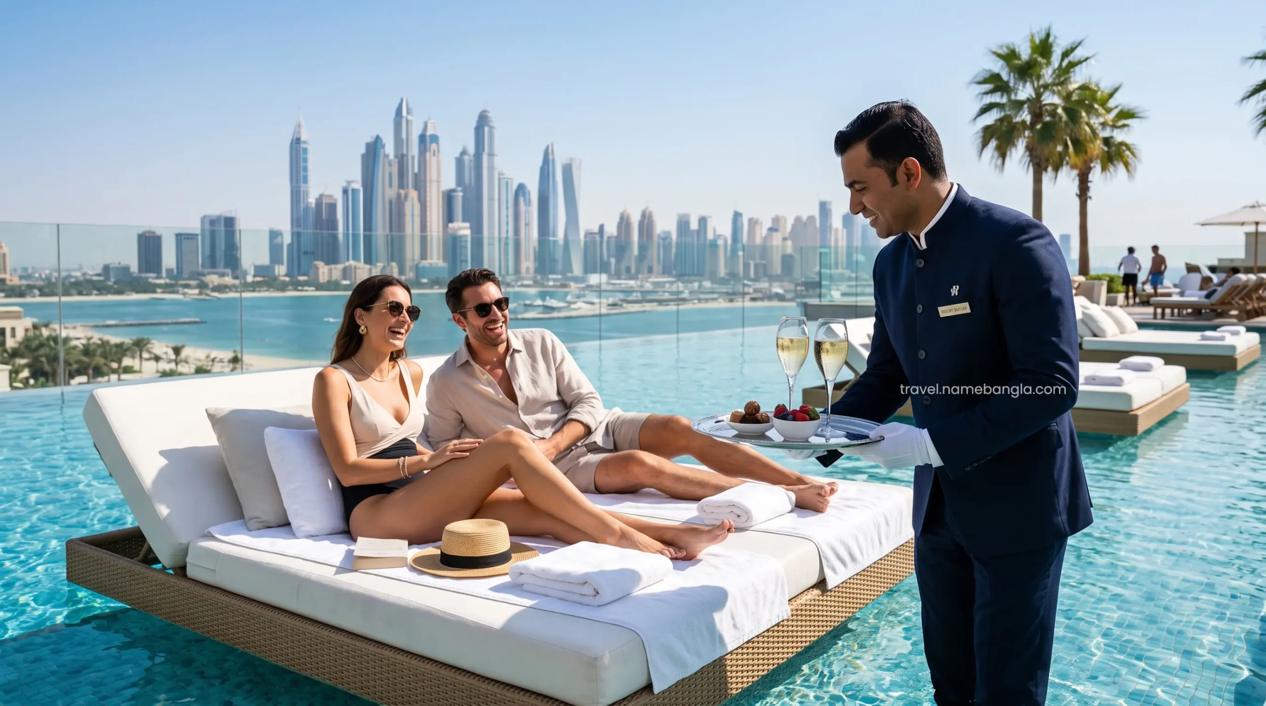 A dedicated elite hotel butler serving premium beverages to guests relaxing at the Cloud 22 infinity pool.