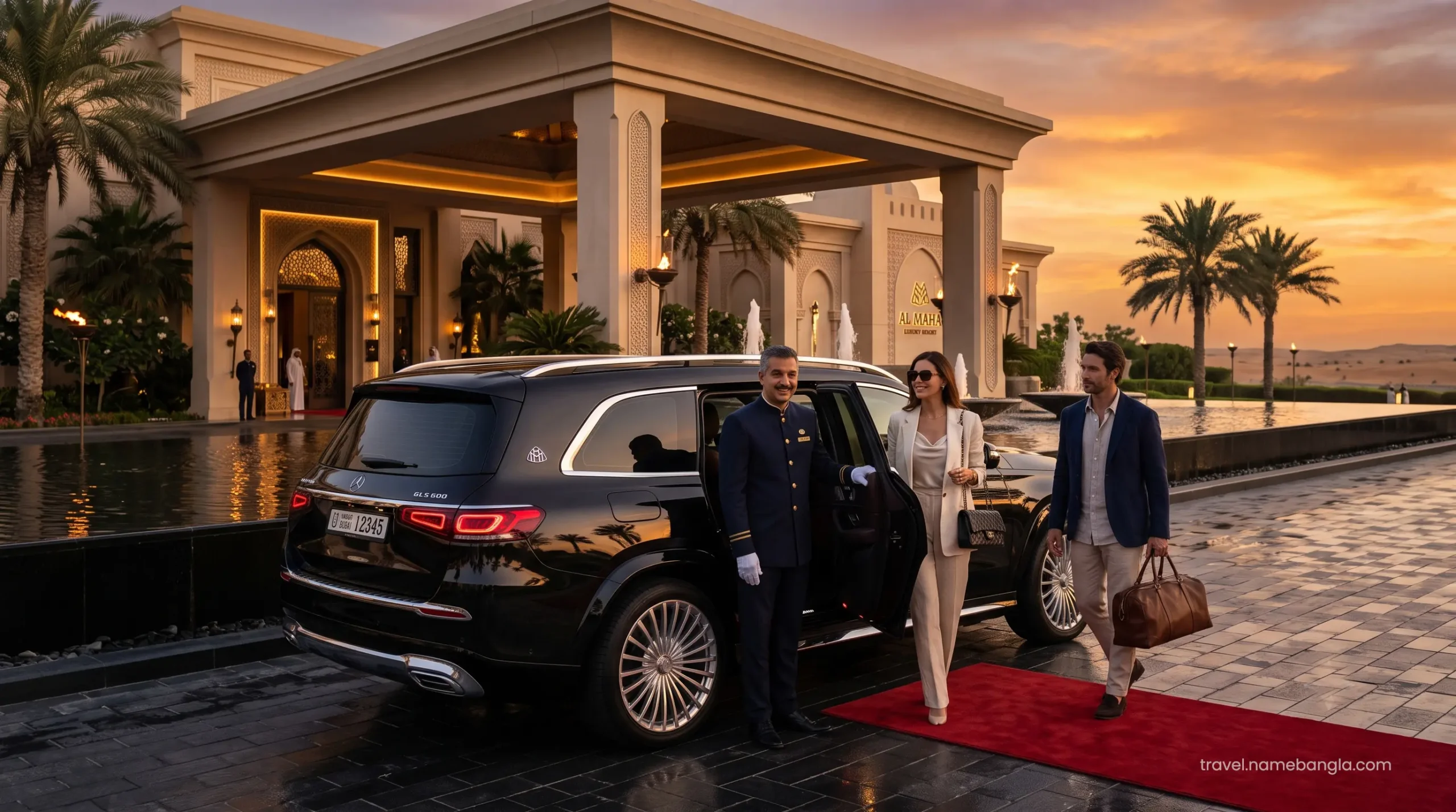 A dedicated luxury chauffeur welcoming VIP guests arriving via a premium vehicle transfer to a magnificent 7-star Dubai resort.