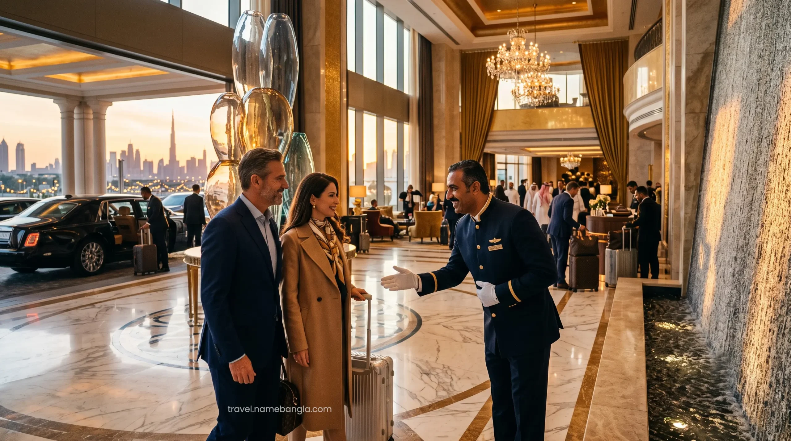 A luxury resort concierge welcoming VIP guests arriving at Atlantis The Royal during the busy Q4 winter travel season.