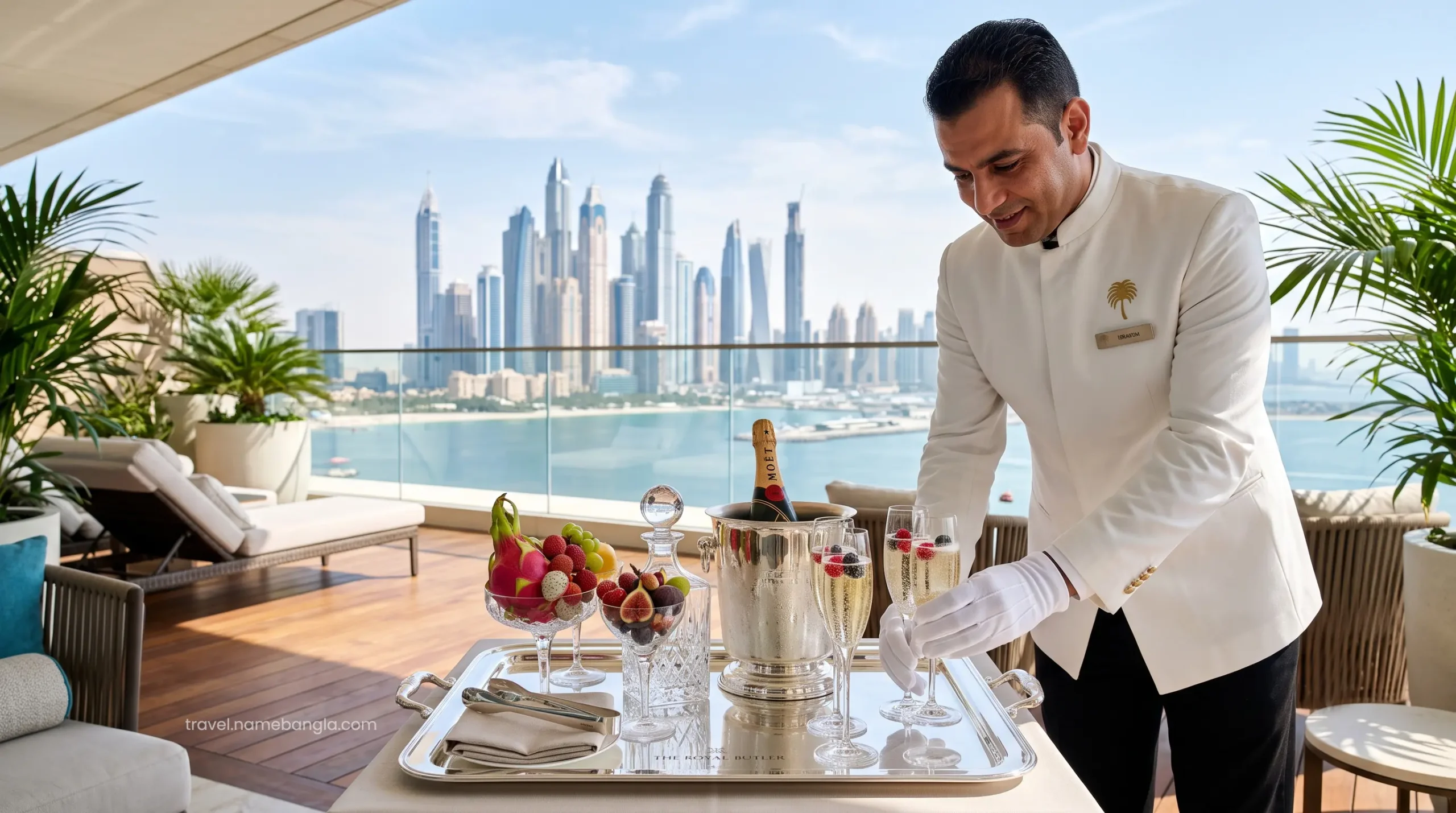 A dedicated elite hotel butler arranging premium amenities for guests arriving at their Sky Pool Villa reservation.