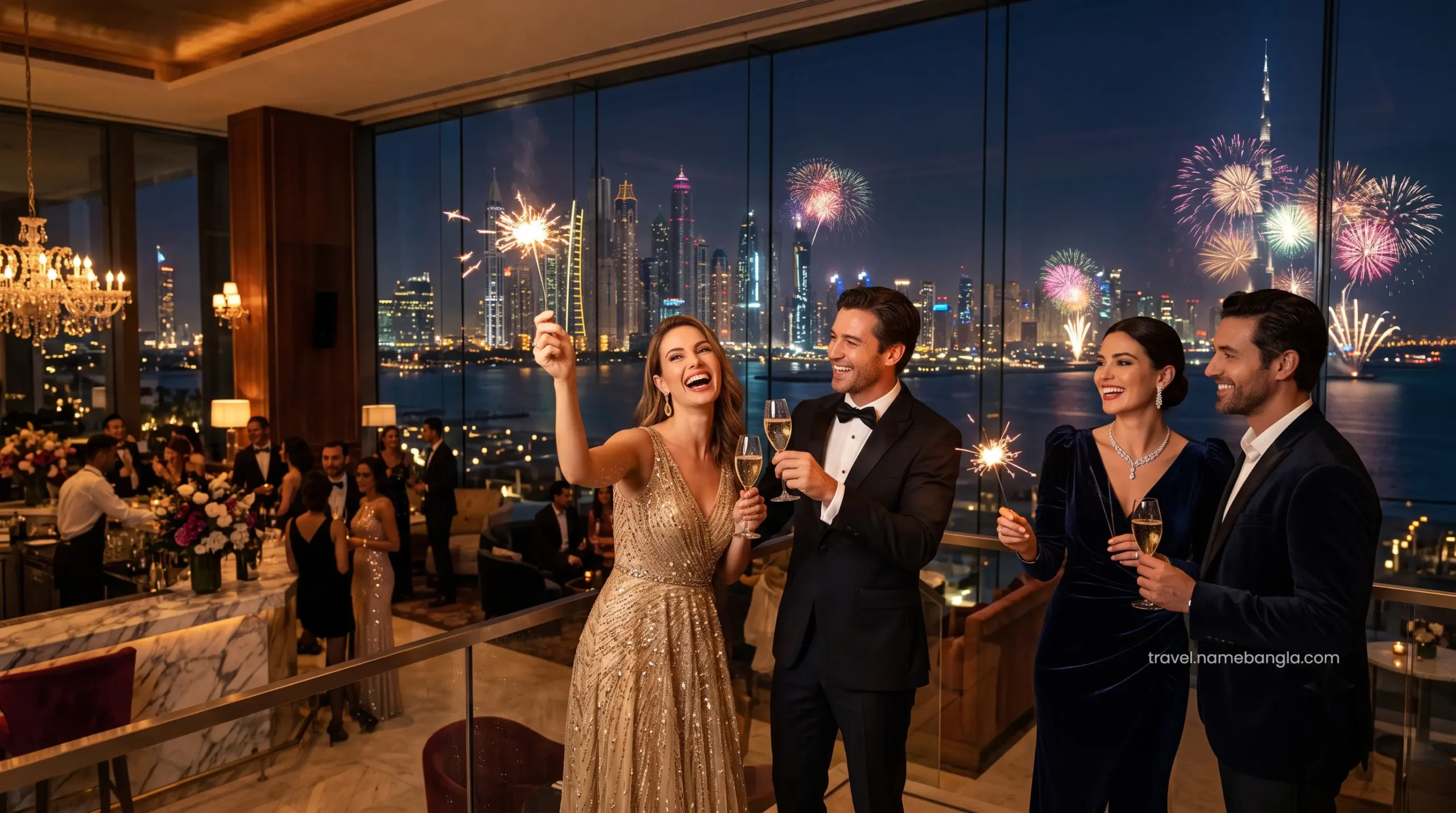 Elite international travelers celebrating midnight at a highly exclusive, luxurious New Year's Eve party within the resort.