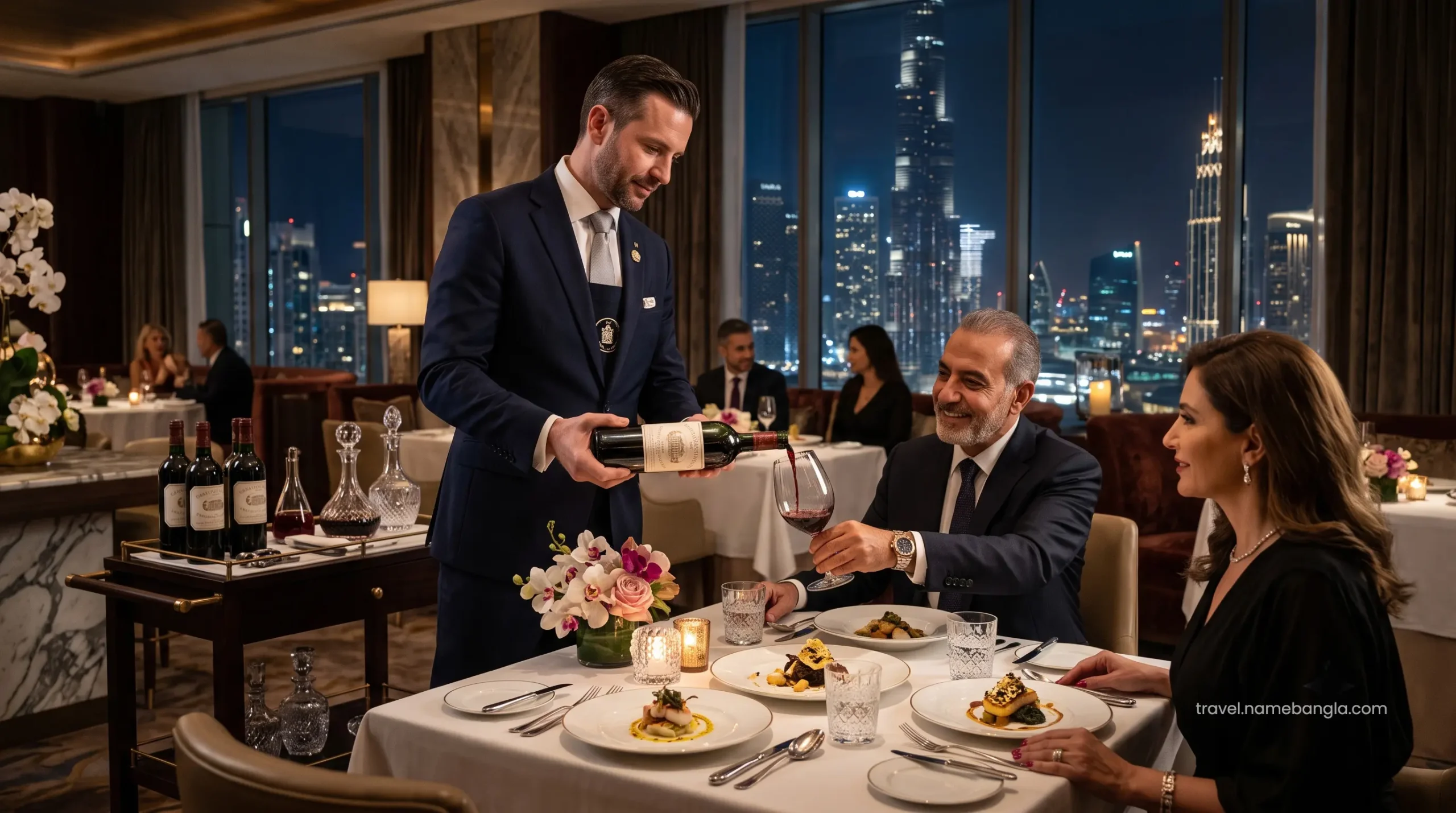 A dedicated elite restaurant sommelier pouring a vintage wine pairing for VIP guests at a luxury Dubai resort.
