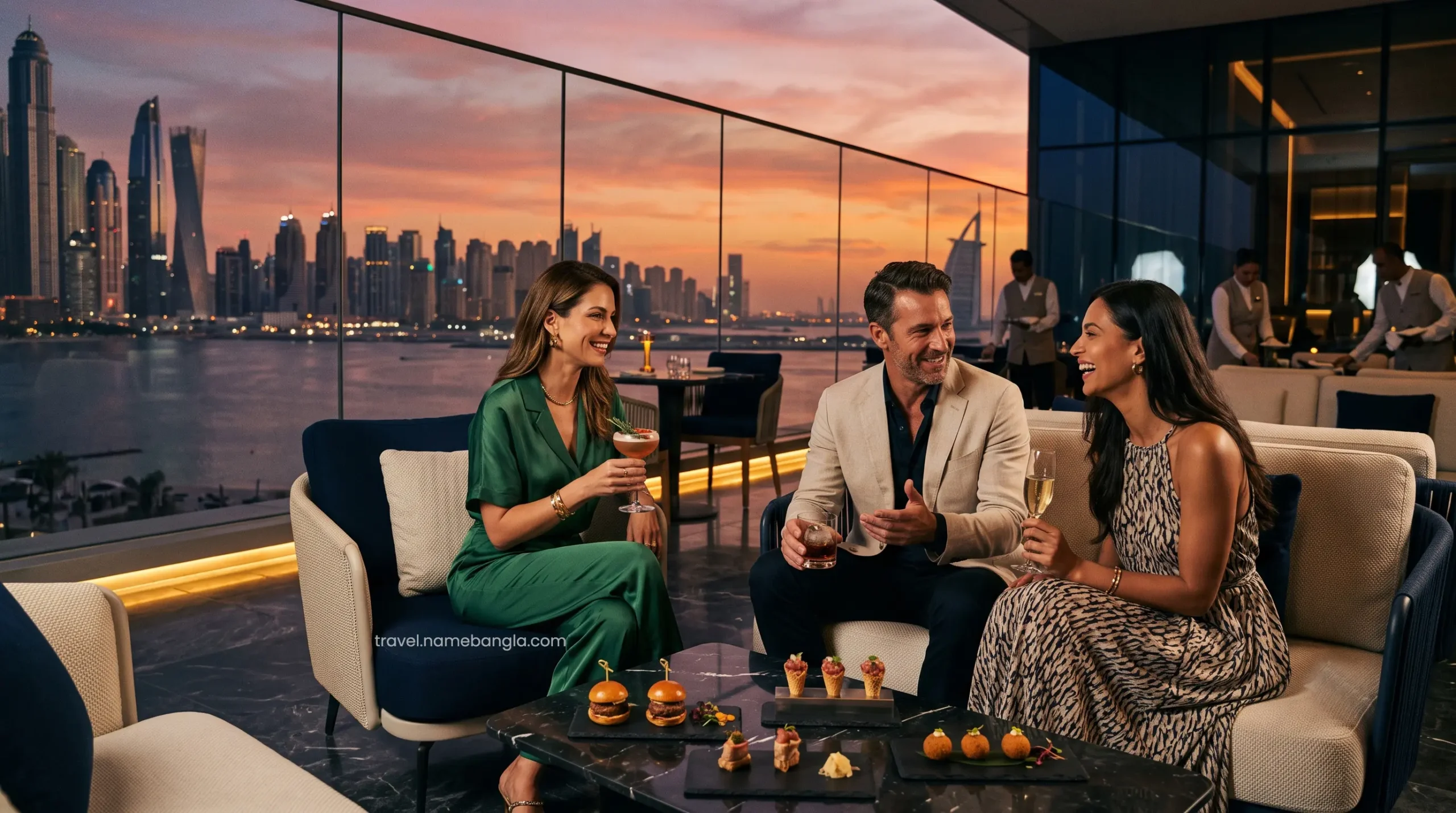 Affluent guests enjoying premium twilight beverages and gourmet canapés at the Royal Club Lounge as the sun sets over Dubai.