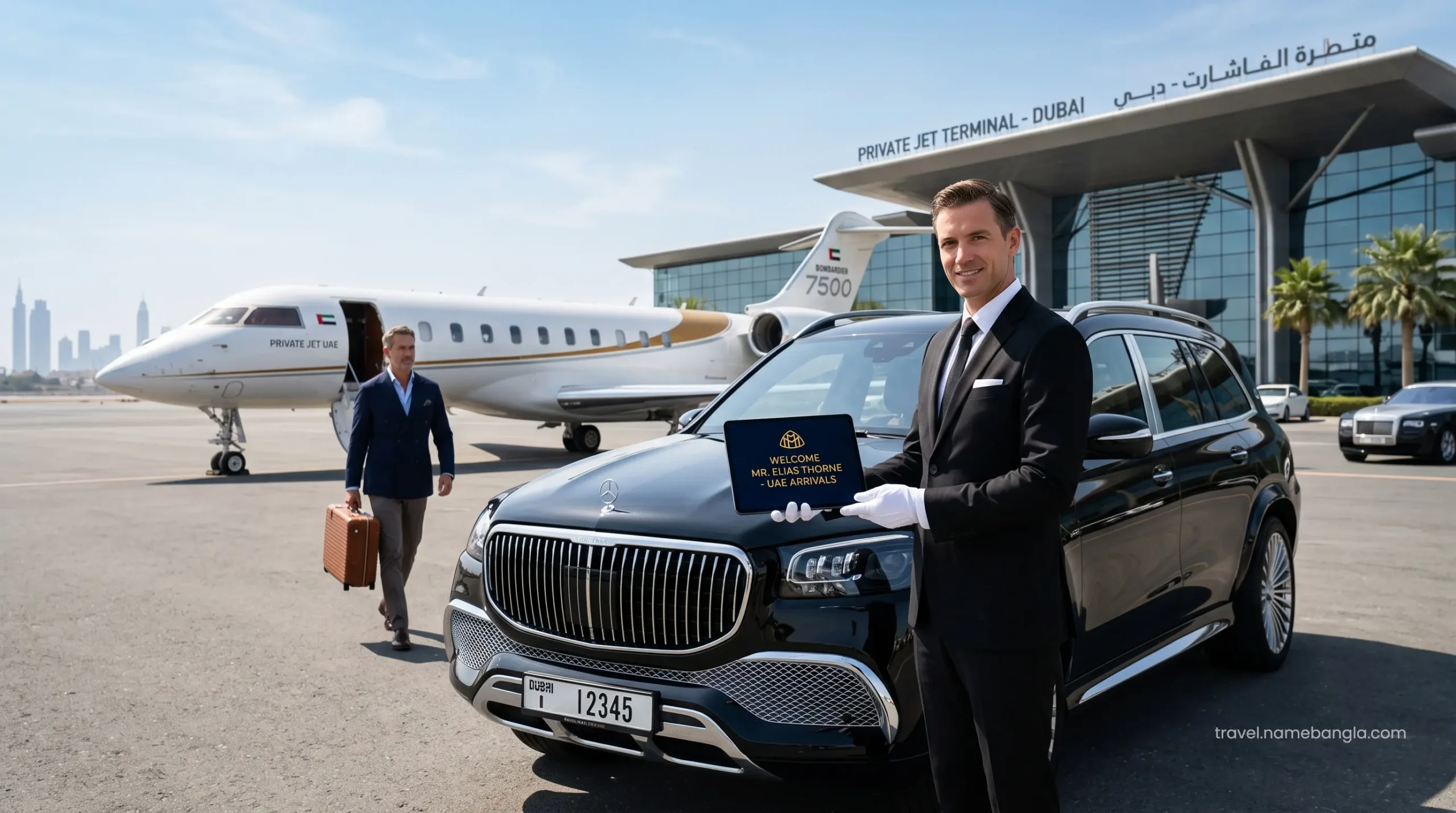A dedicated luxury chauffeur waiting beside a premium SUV at Dubai International Airport for an arriving VIP guest.