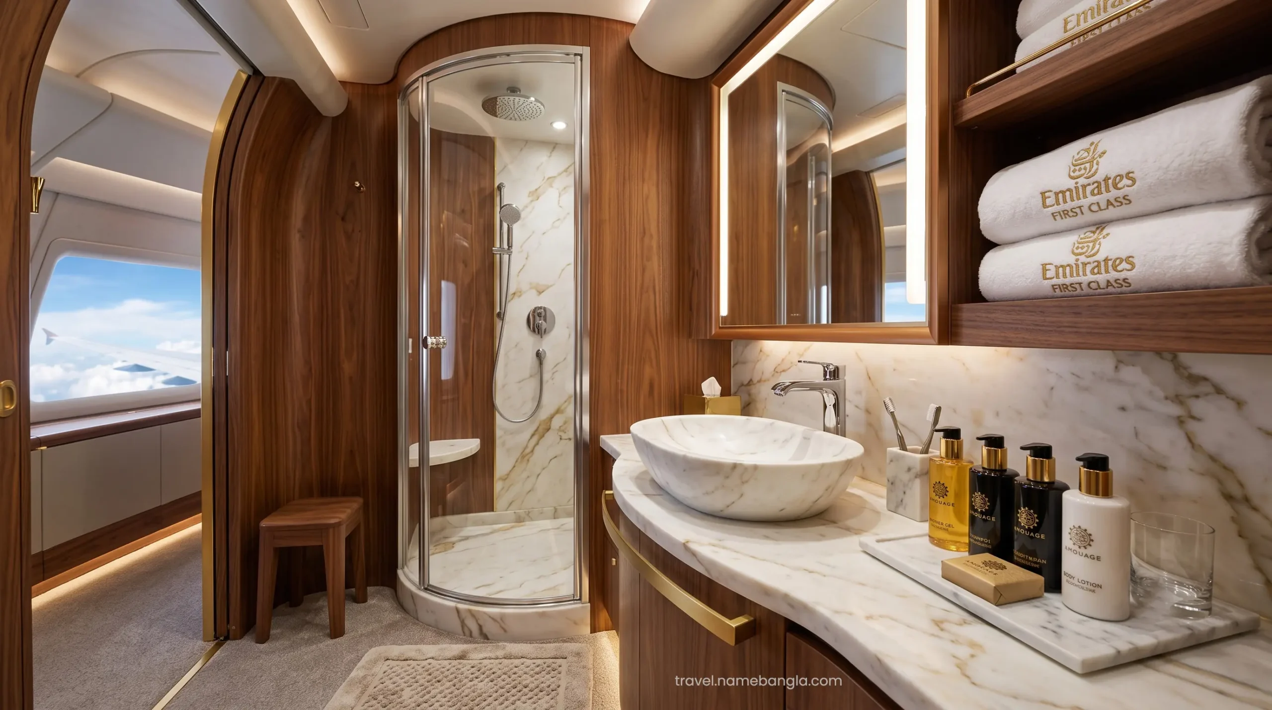 The opulent interior of the Emirates A380 First Class Shower Spa, representing the pinnacle of luxury aviation in a travel package.