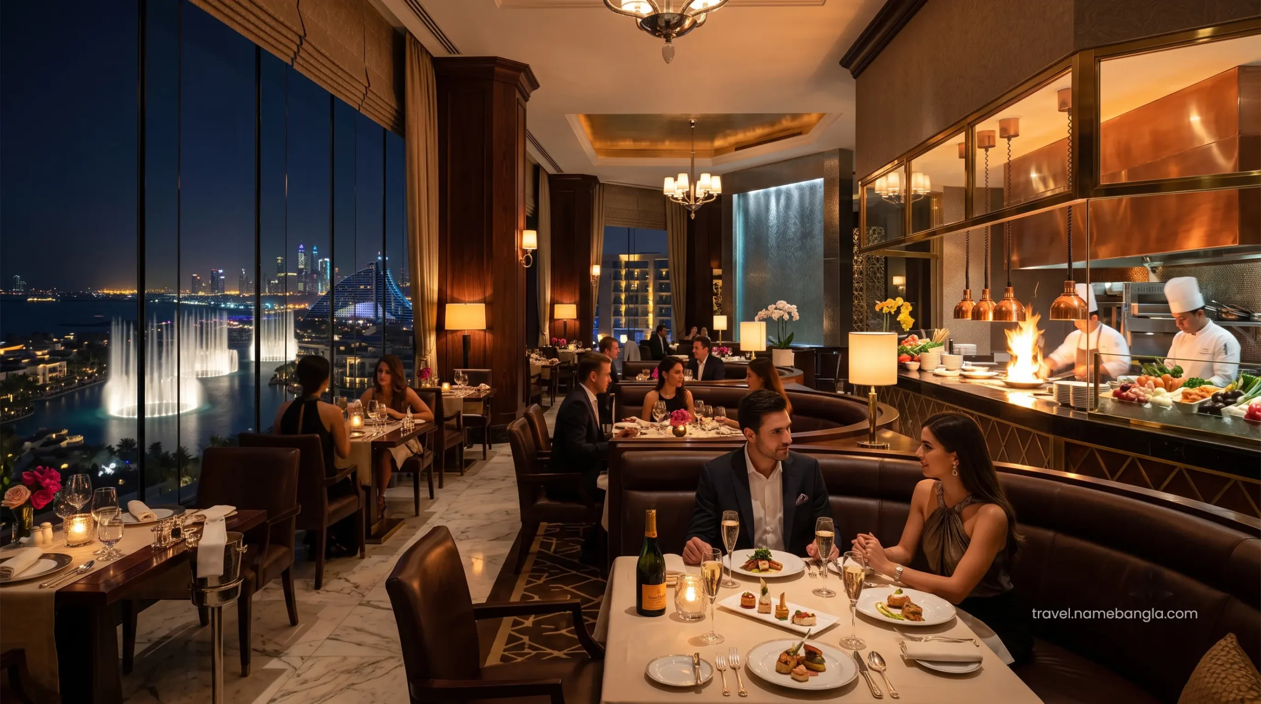 The opulent and sophisticated interior of Dinner by Heston Blumenthal at Atlantis The Royal, perfectly optimized for elite dining.