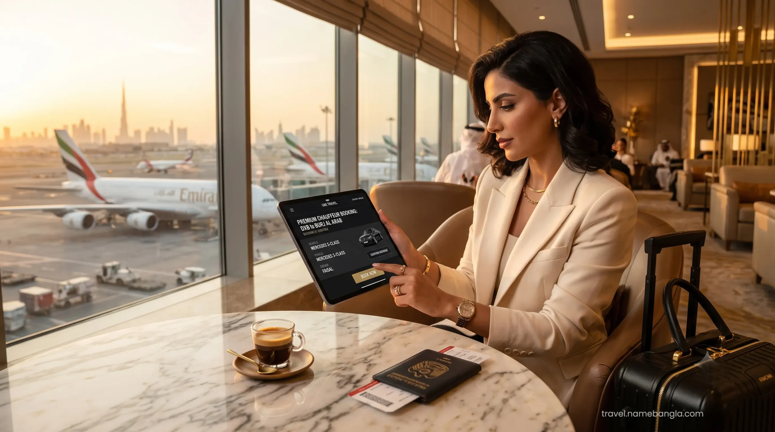 A high-net-worth traveler seamlessly booking a premium DXB airport transfer via a luxury OTA app on a digital tablet.