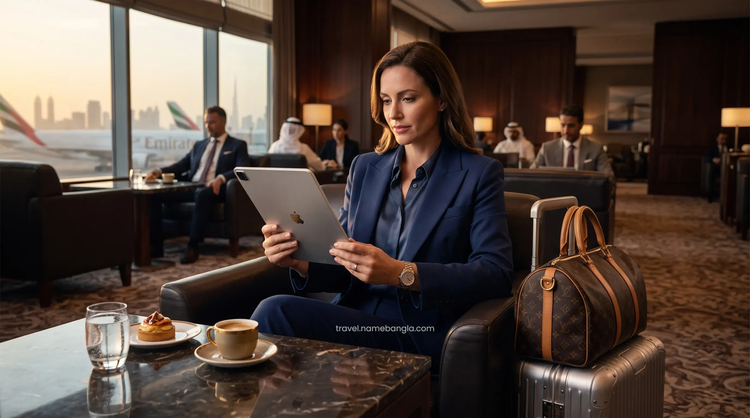 A high-net-worth traveler seamlessly booking an Emirates First Class and Atlantis The Royal package via a premium OTA app on a digital tablet.