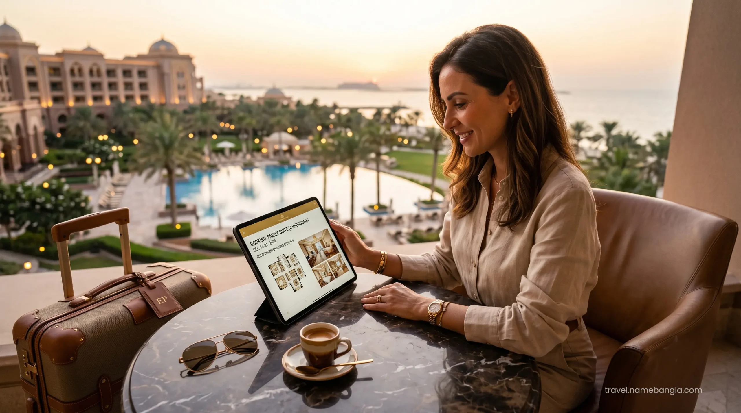 A high-net-worth traveler meticulously organizing a multi-room family suite reservation via a premium OTA app on a digital tablet.