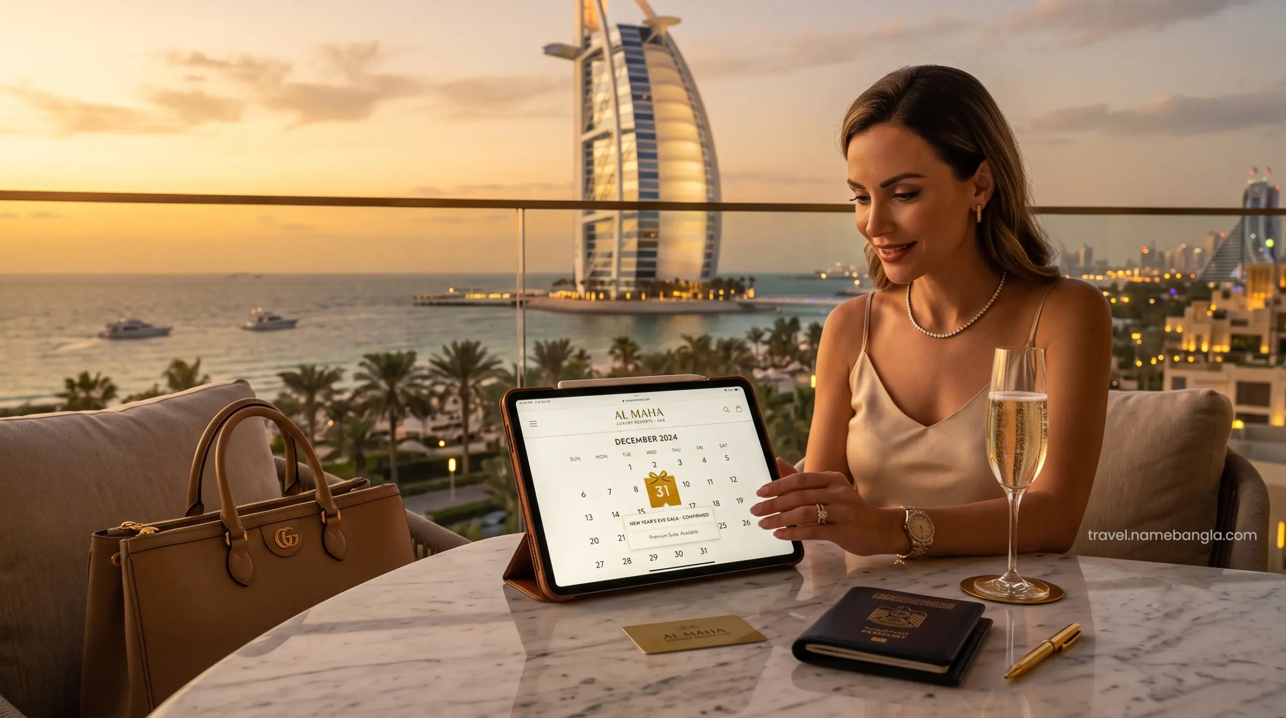 A high-net-worth traveler seamlessly securing an early booking deal for New Year's Eve via a premium OTA app on a digital tablet.
