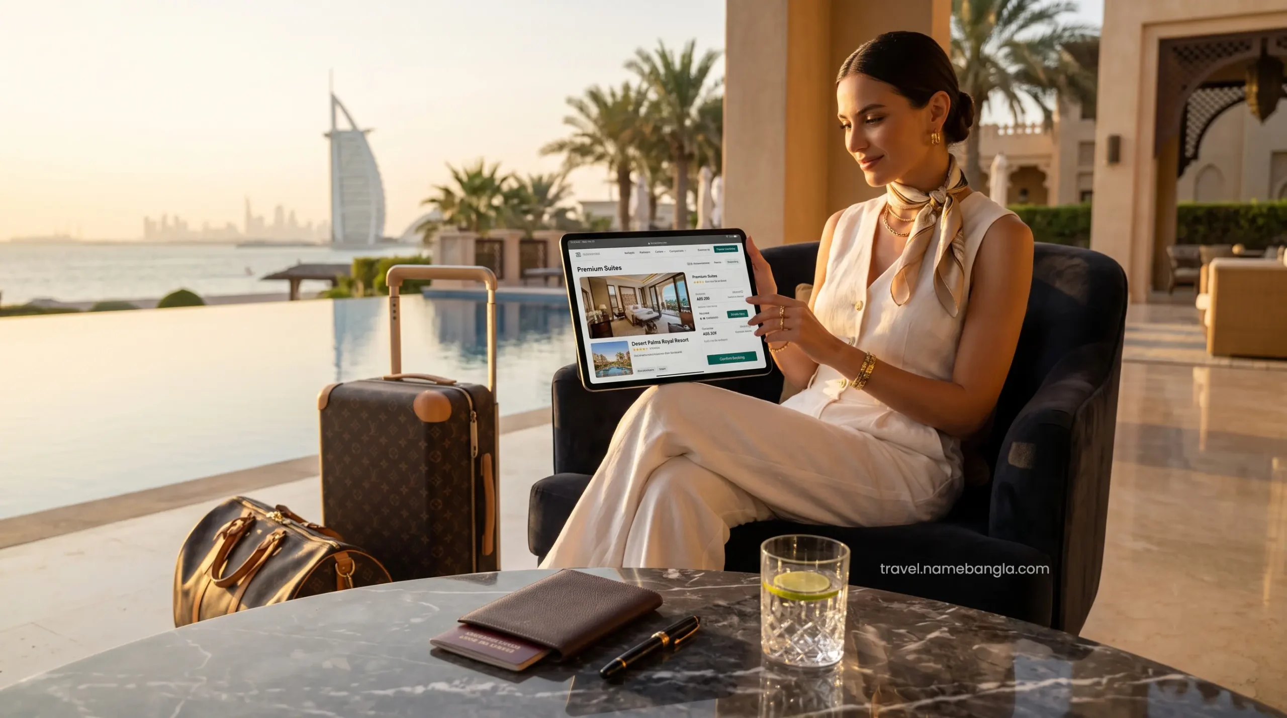 A high-net-worth traveler meticulously comparing premium suite prices between two 7-star resorts via a luxury OTA app on a digital tablet.