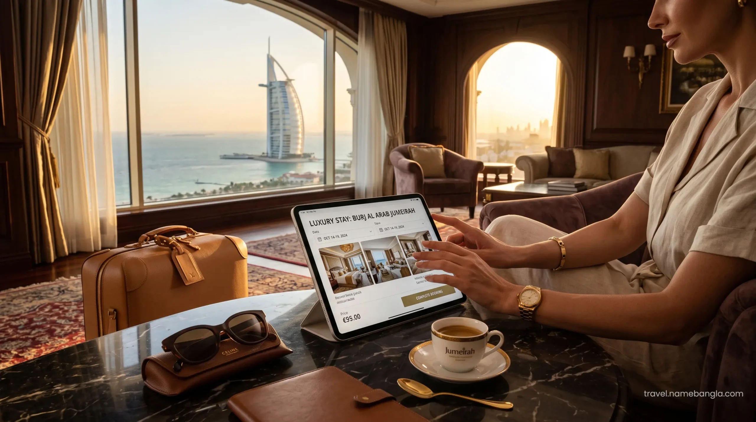 A premium traveler checking exclusive Expedia and Booking.com rates on a digital tablet while relaxing inside a luxurious Sky Pool Villa.