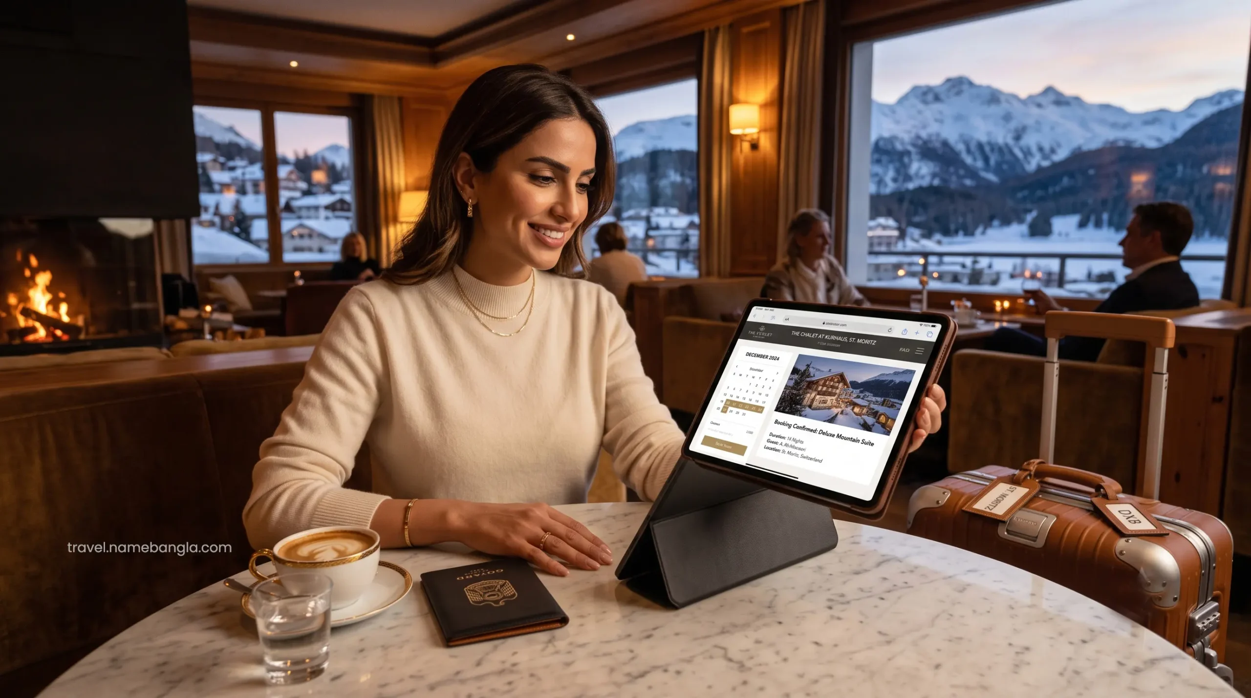 A high-net-worth traveler meticulously planning their winter staycation itinerary on a digital tablet using premium OTA platforms.