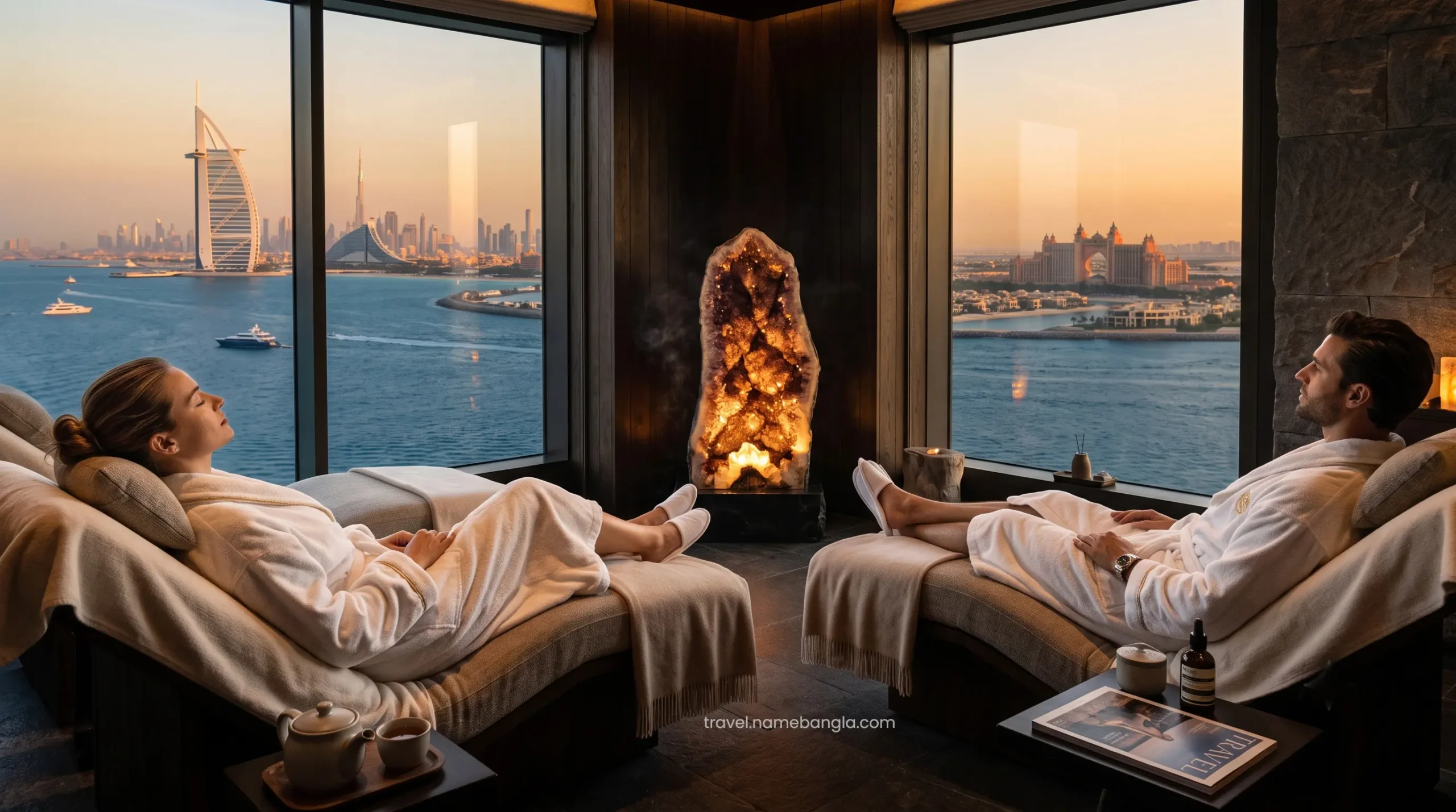 Affluent guests enjoying profound relaxation in the exclusive post-treatment meditation lounge at AWAKEN Spa.