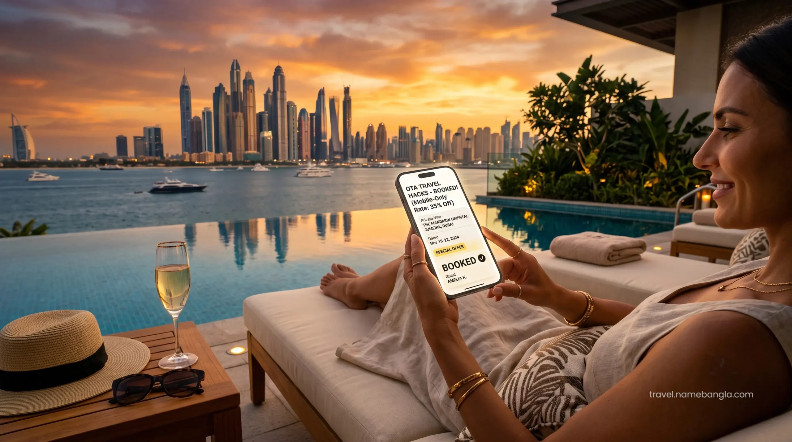 A close-up of a premium smartphone displaying an exclusive mobile-only discount for a Sky Pool Villa reservation.