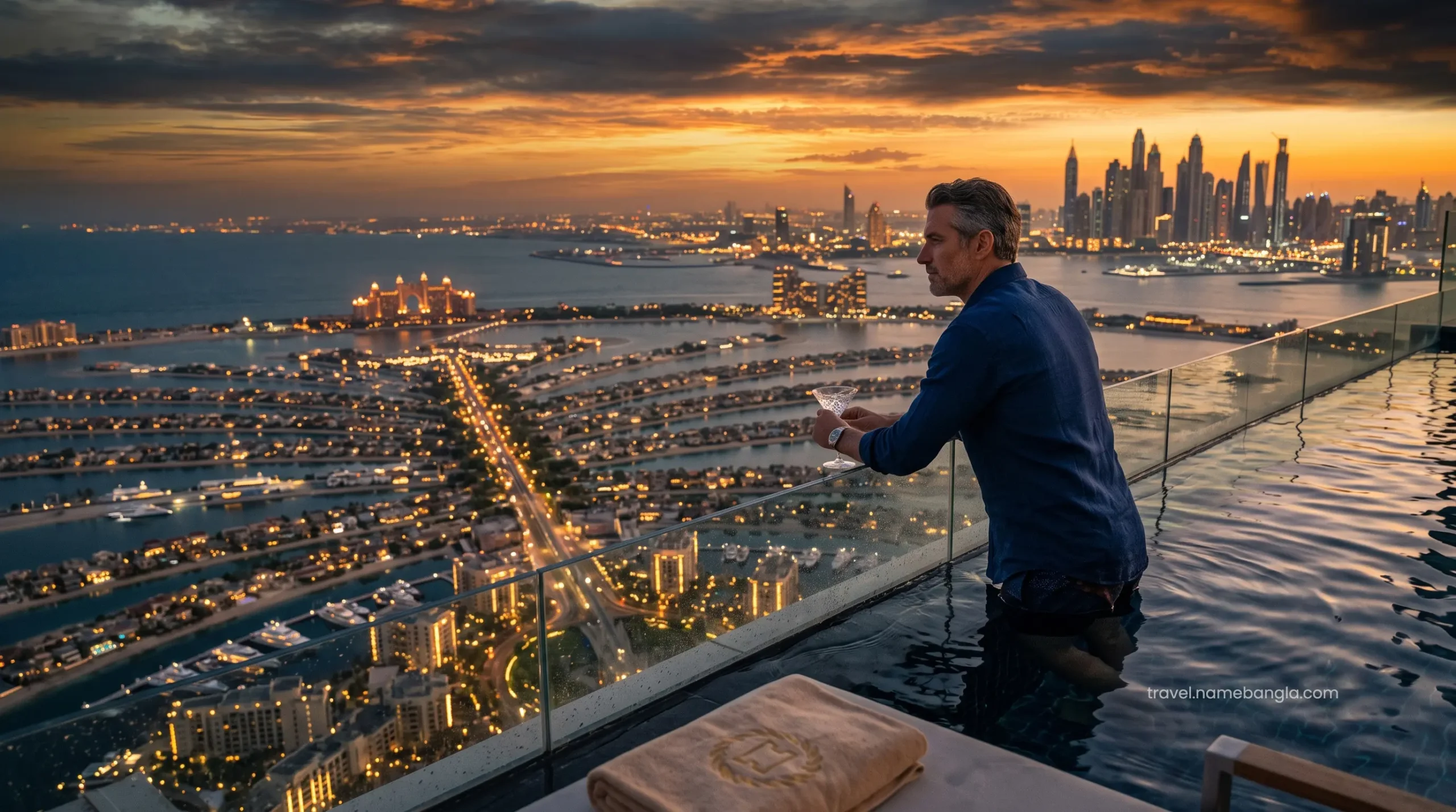 A high-net-worth traveler enjoying the breathtaking panoramic views from the edge of the Cloud 22 infinity pool during a winter staycation.