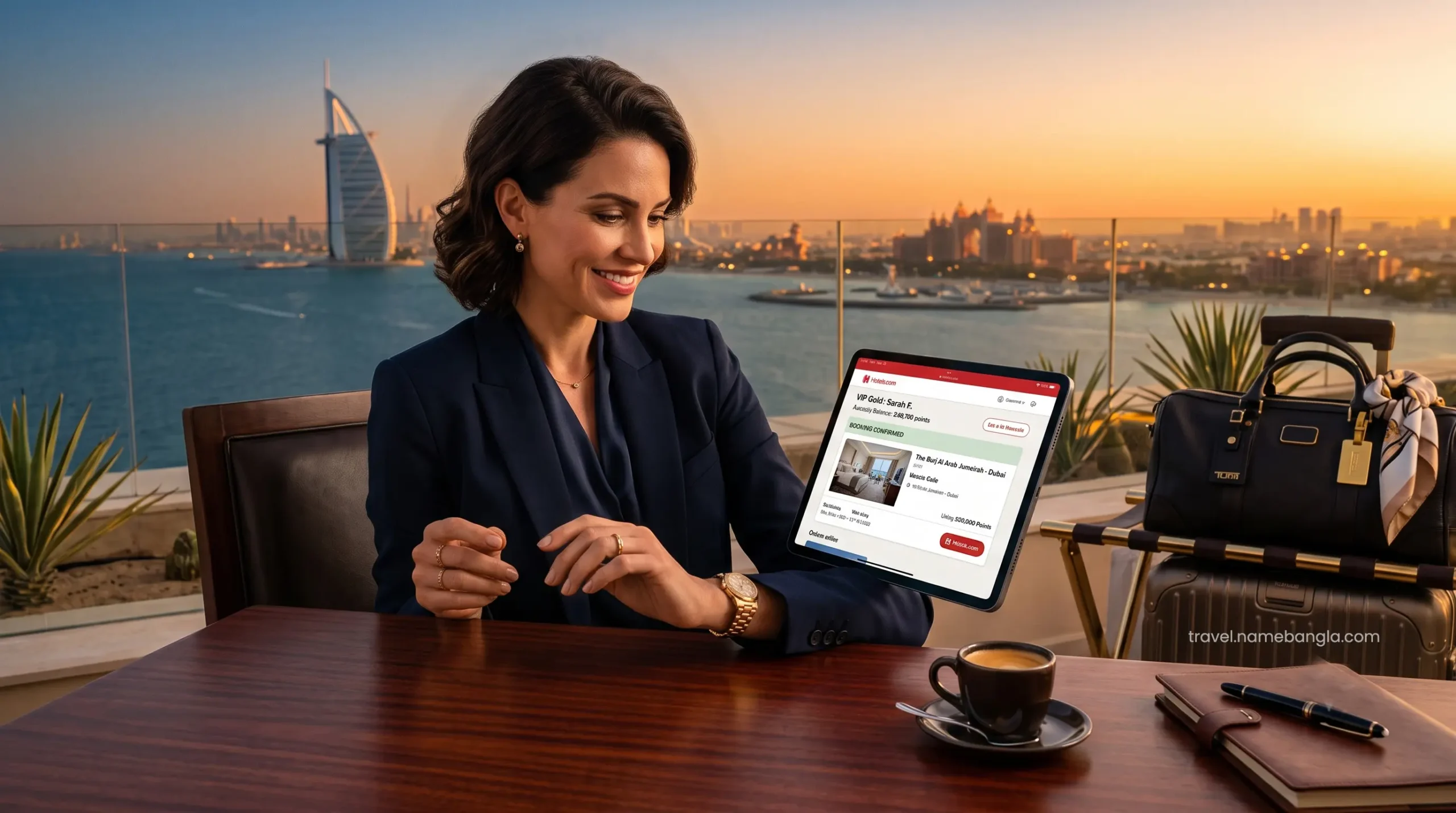 A high-net-worth business traveler consolidating corporate trips on a digital tablet to accumulate luxury OTA reward nights.