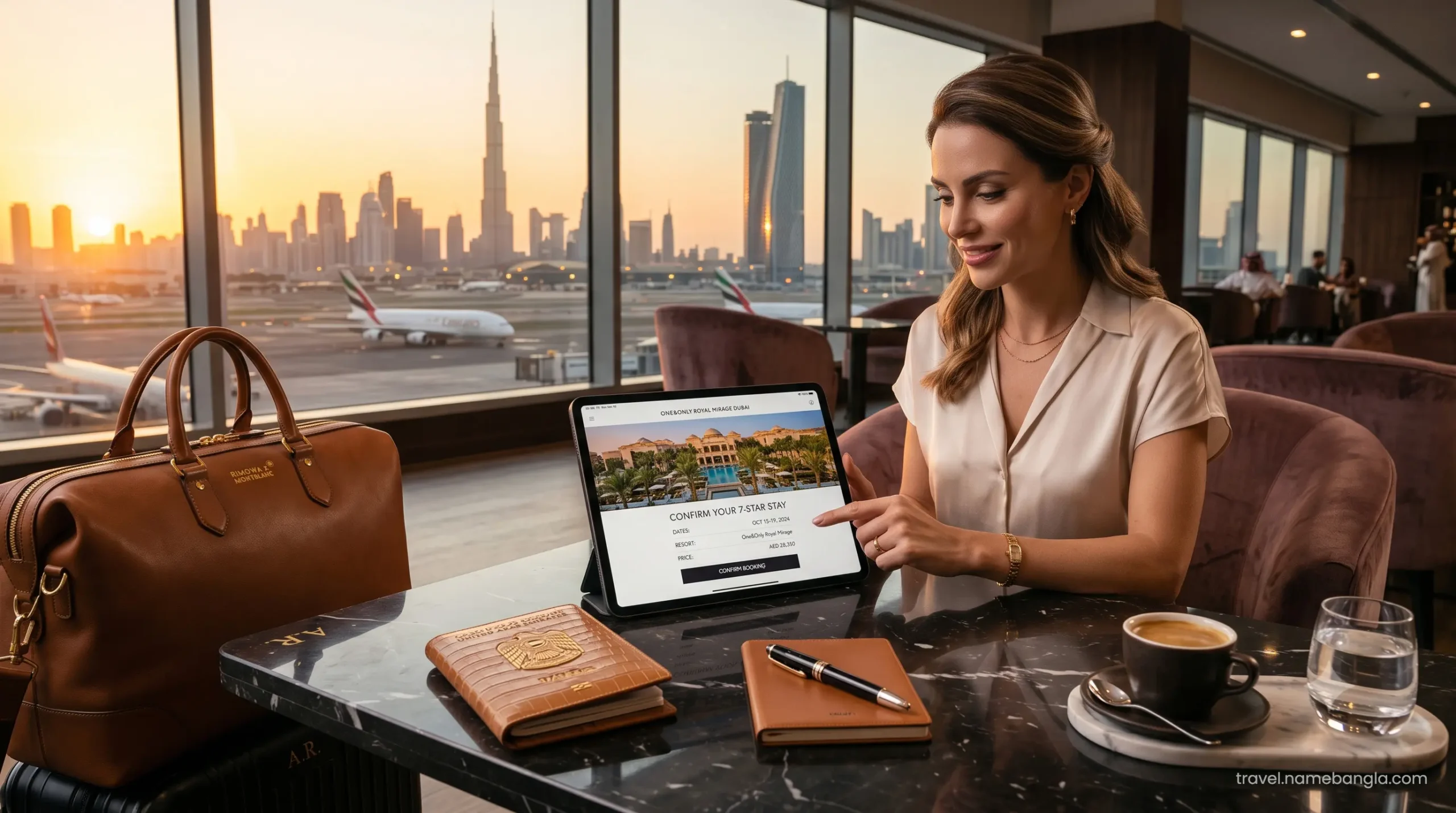 A high-net-worth traveler browsing exclusive Agoda and Booking.com deals for Atlantis The Royal on a digital tablet in a luxury lounge.