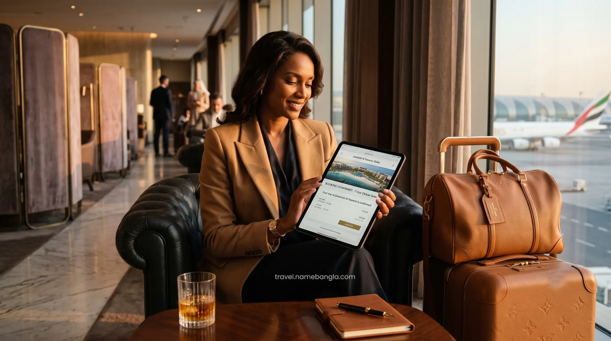 A high-net-worth traveler comparing luxury hotel prices on a digital tablet inside an exclusive Dubai airport lounge.