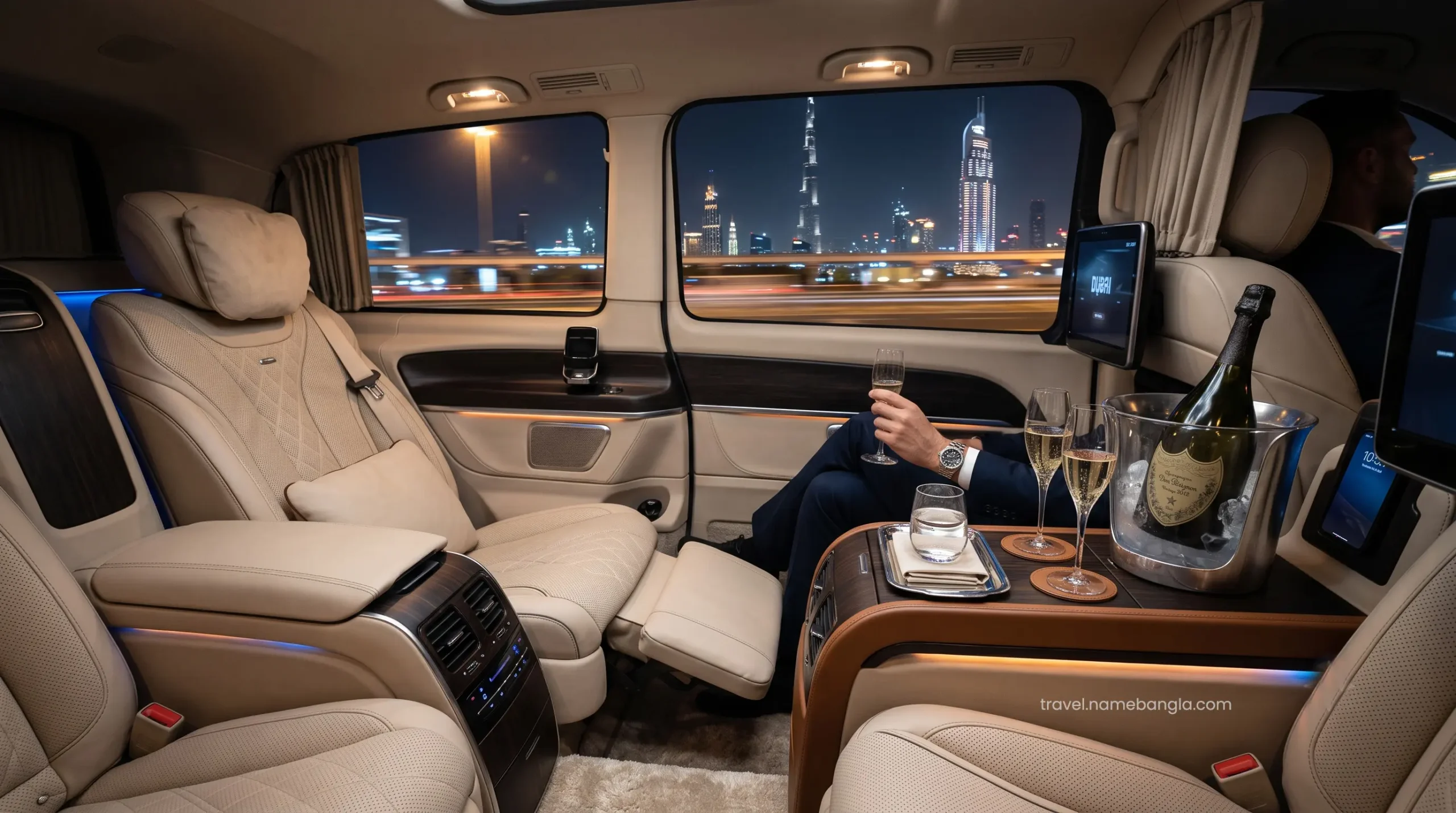 The opulent, technologically advanced interior of a premium luxury SUV used for elite transfers to Atlantis The Royal.