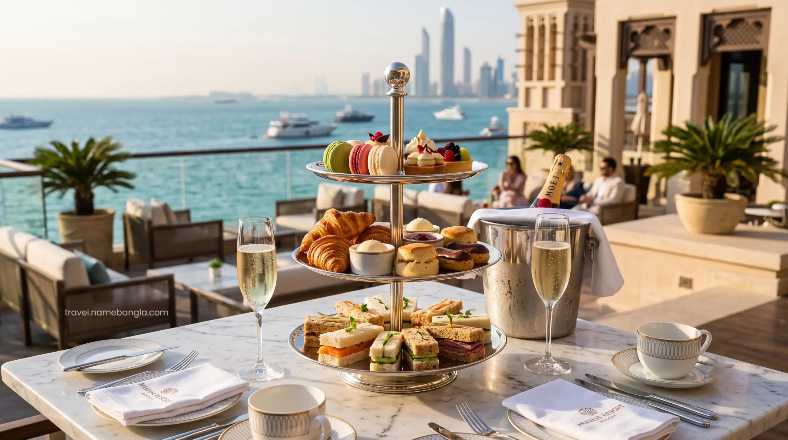 An exquisite, multi-tiered afternoon tea presentation served exclusively to VIP guests inside the Royal Club Lounge at Atlantis The Royal.