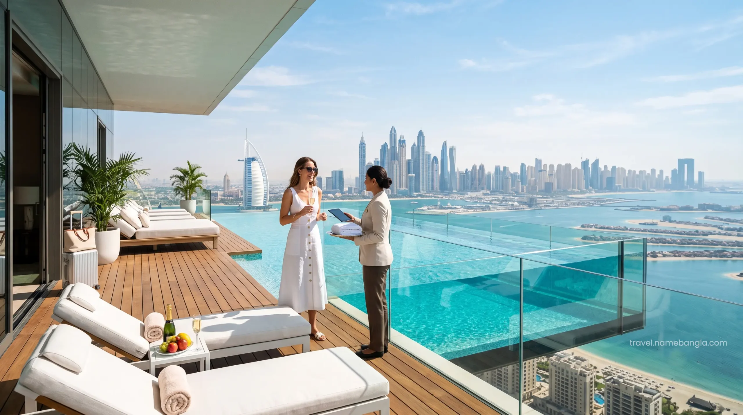 A stunning private infinity pool on the terrace of a Sky Pool Villa at Atlantis The Royal overlooking the Palm Jumeirah.